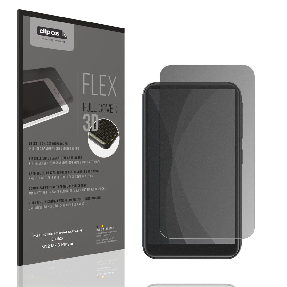 Blickschutzfolie von dipos passend für Diofox M12 MP3-Player, 100% Displayabdeckung und blasenfreie Montage