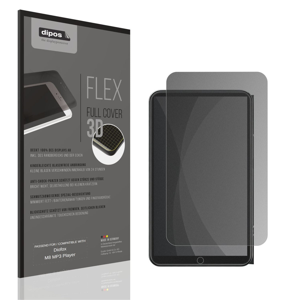 Blickschutzfolie von dipos passend für Diofox M8 MP3 Player, 100% Displayabdeckung und blasenfreie Montage