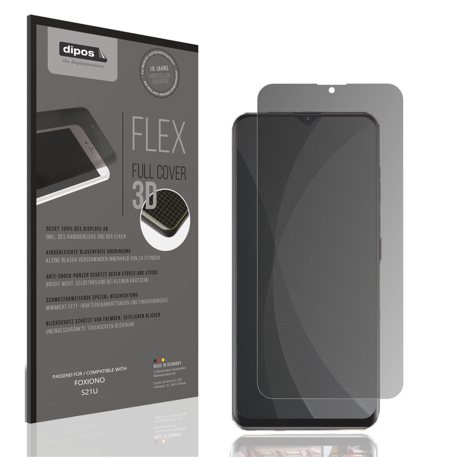 Blickschutzfolie von dipos passend für FOXIONO S21U, 100% Displayabdeckung und blasenfreie Montage