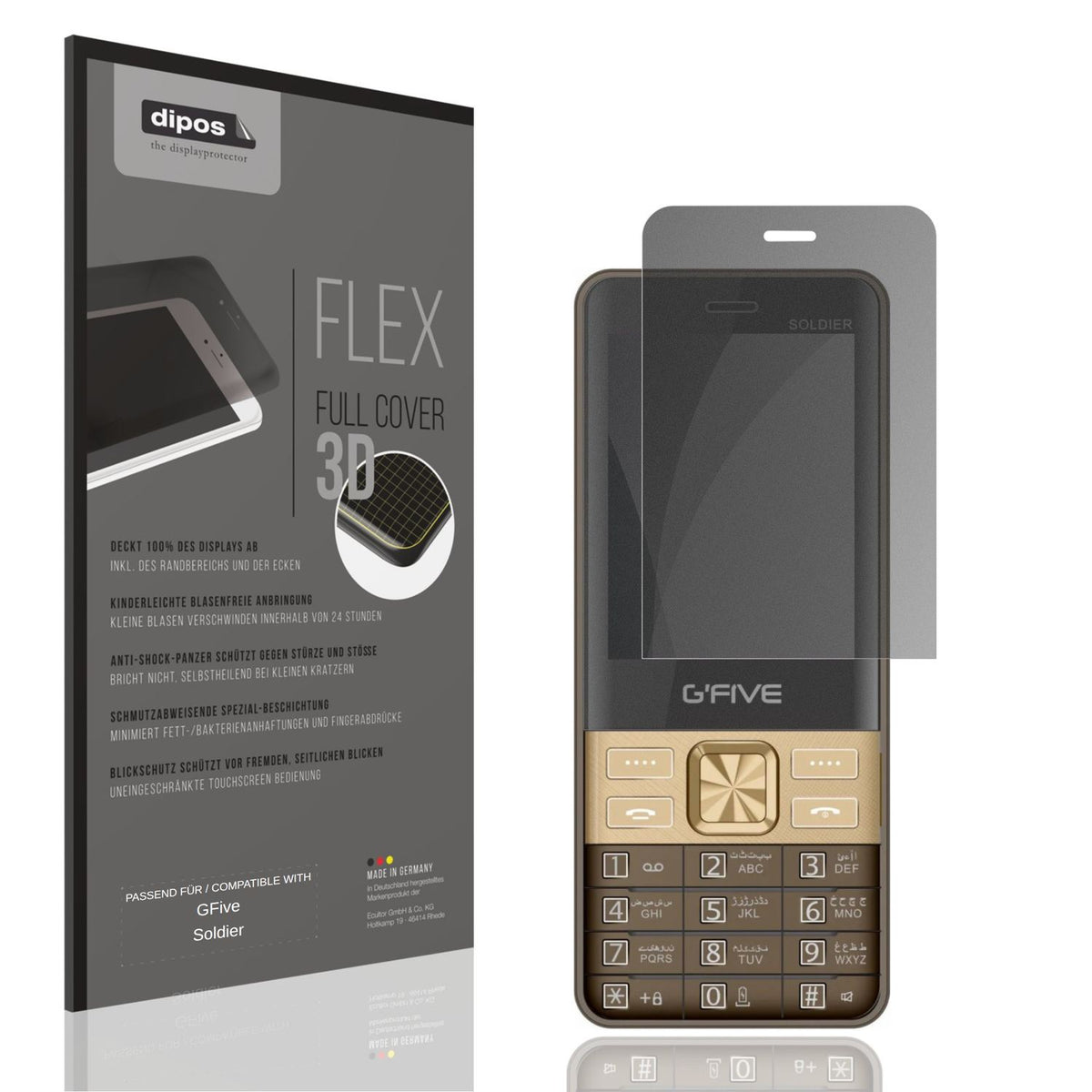 Blickschutzfolie von dipos passend für GFive Soldier, 100% Displayabdeckung und blasenfreie Montage
