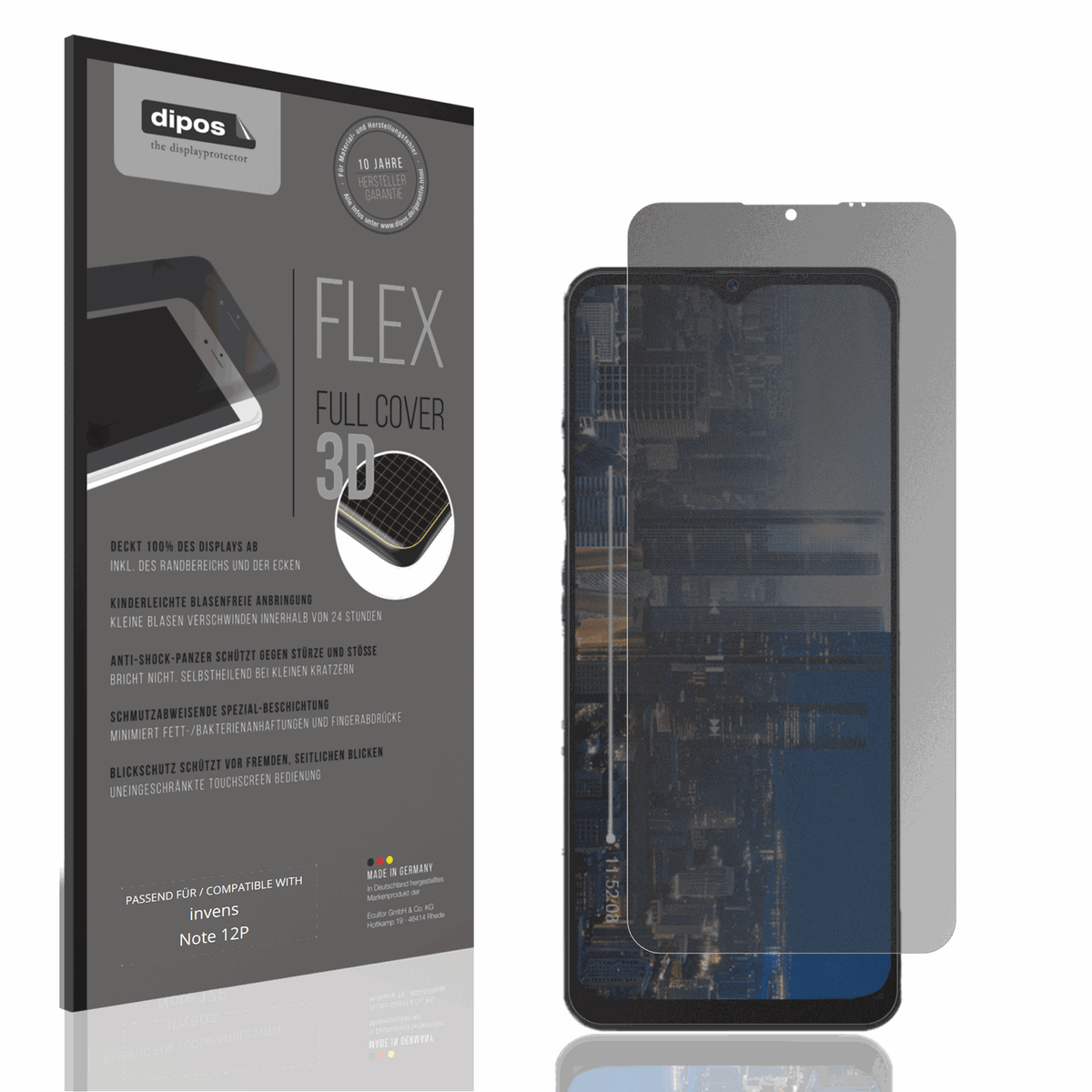 Blickschutzfolie von dipos passend für invens Note 12P, 100% Displayabdeckung und blasenfreie Montage