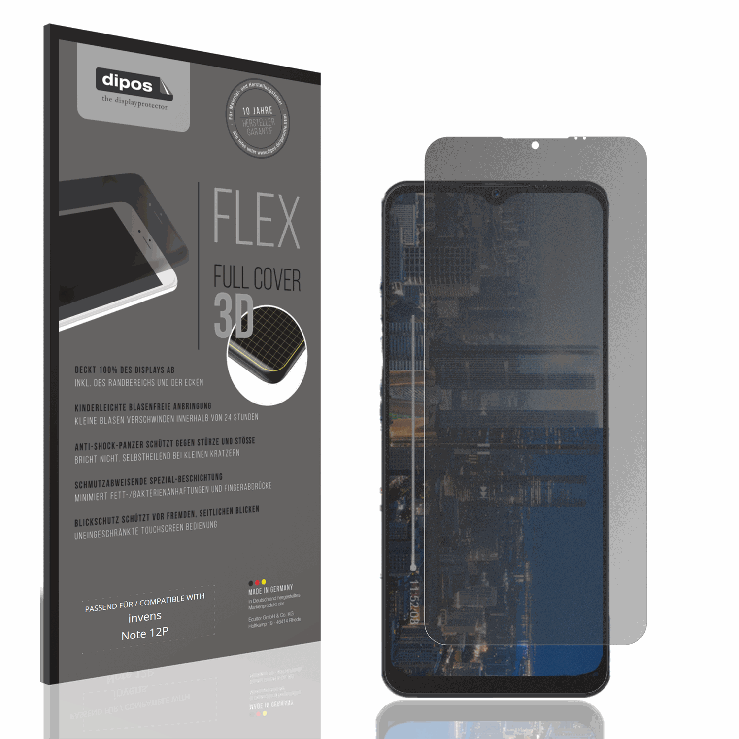 Blickschutzfolie von dipos passend für invens Note 12P, 100% Displayabdeckung und blasenfreie Montage