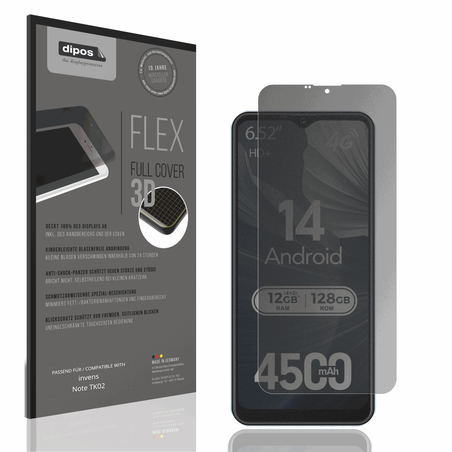 Blickschutzfolie von dipos passend für invens Note TK02, 100% Displayabdeckung und blasenfreie Montage