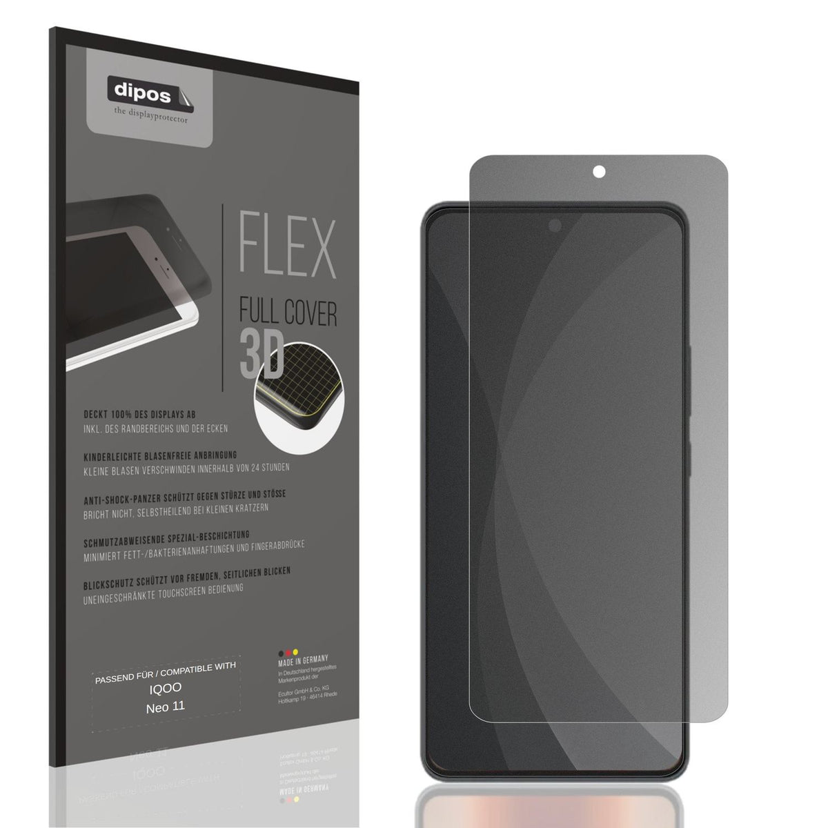 Blickschutzfolie von dipos passend für IQOO Neo 11, 100% Displayabdeckung und blasenfreie Montage