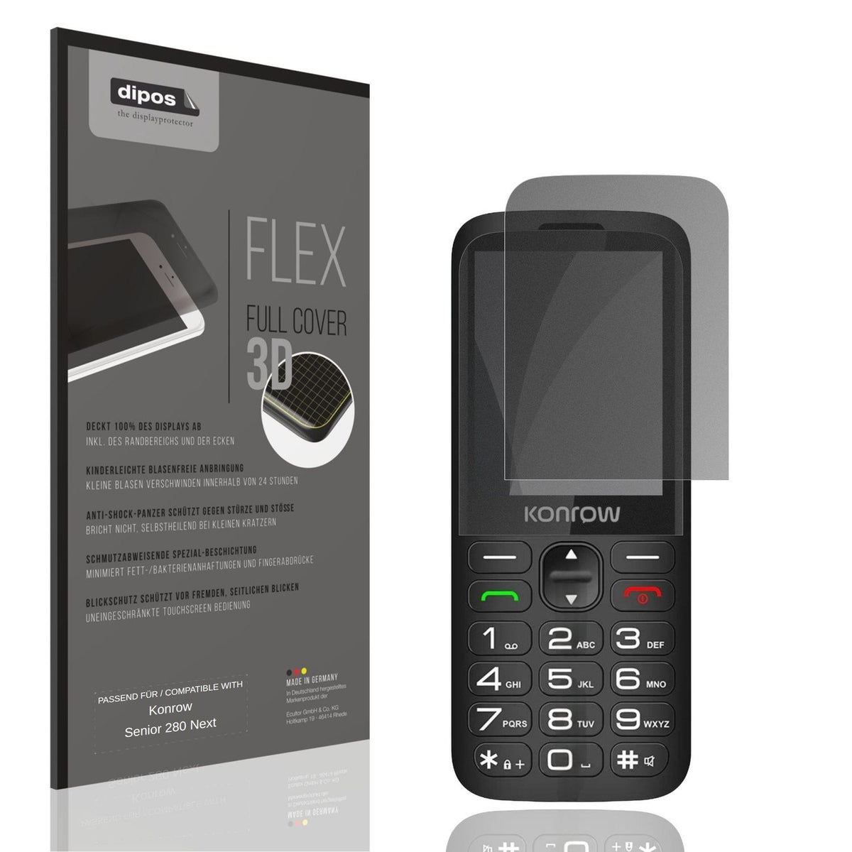 Blickschutzfolie von dipos passend für Konrow Senior 280 Next, 100% Displayabdeckung und blasenfreie Montage