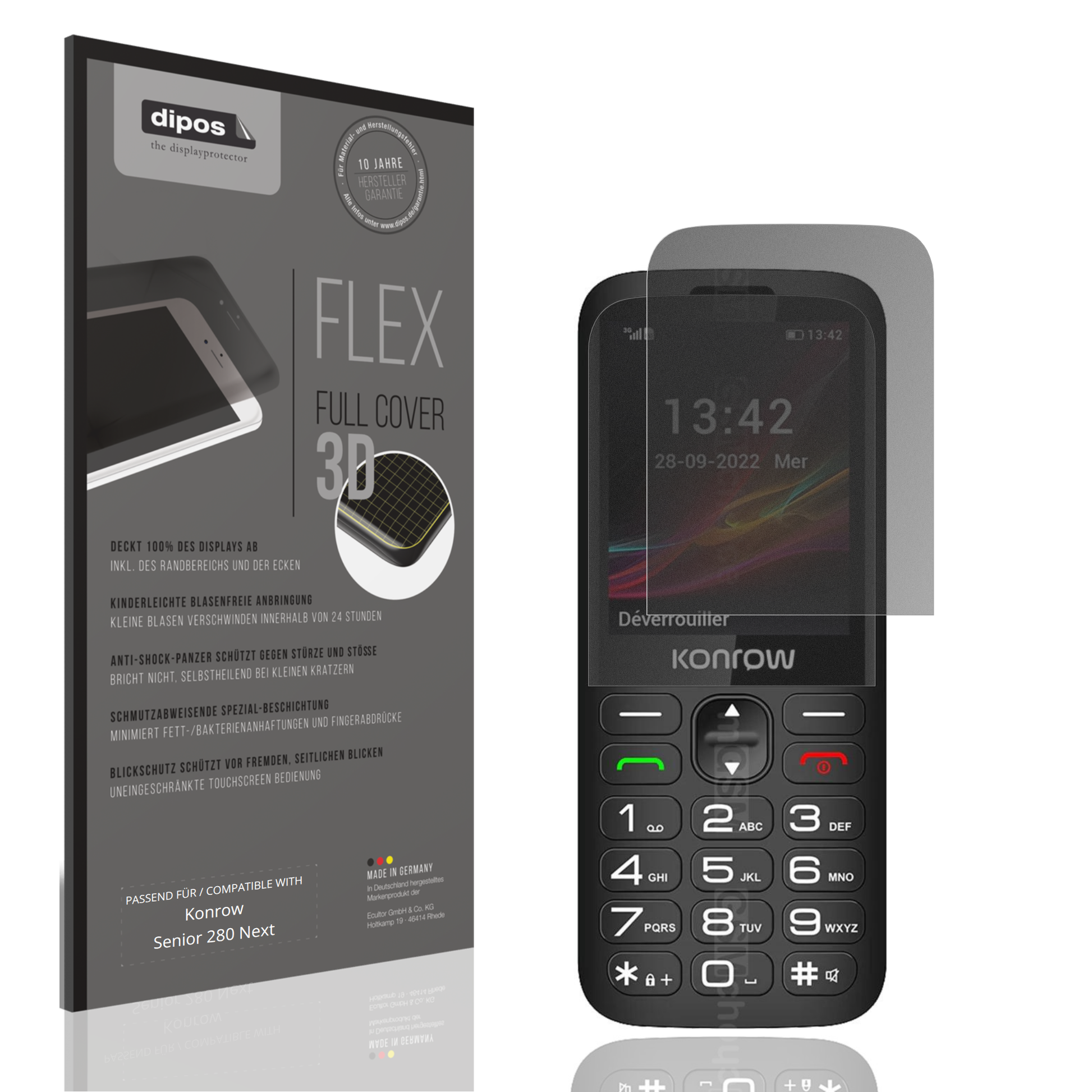 Blickschutzfolie von dipos passend für Konrow Senior 280 Next, 100% Displayabdeckung und blasenfreie Montage