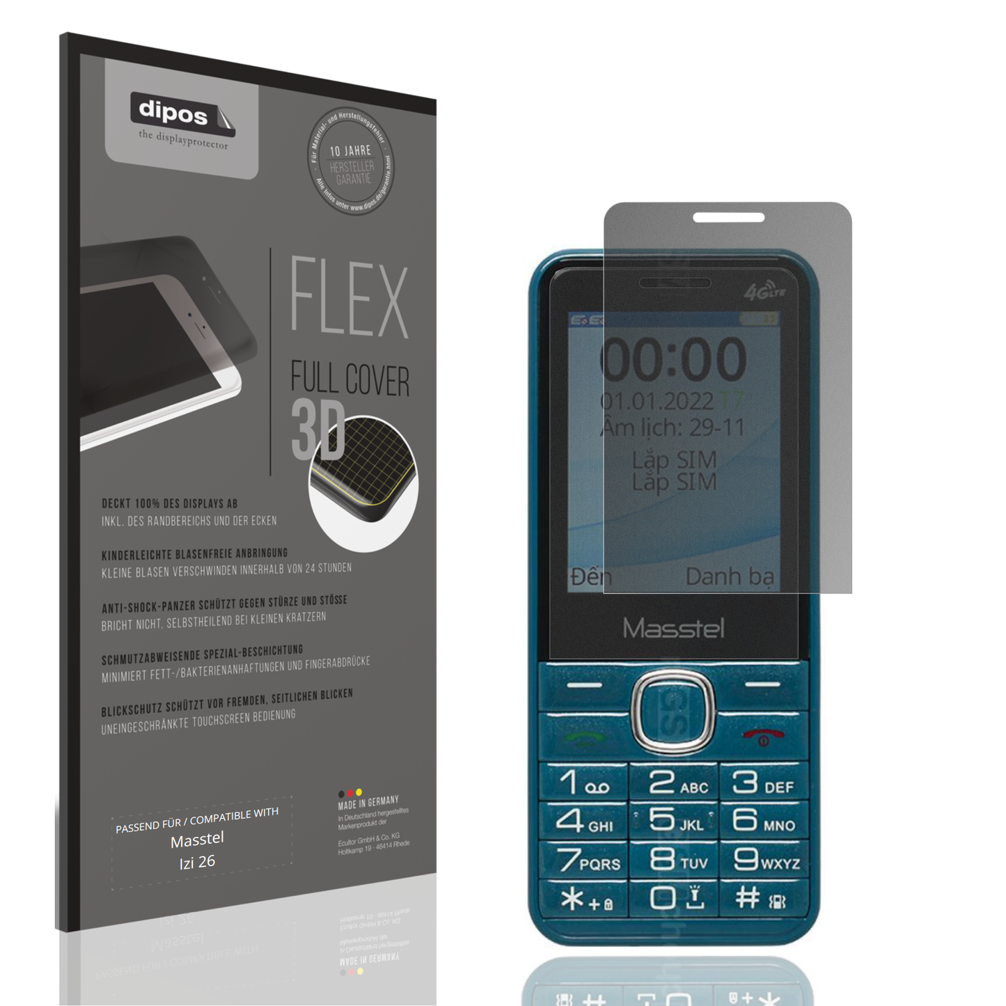 Blickschutzfolie von dipos passend für Masstel Izi 26, 100% Displayabdeckung und blasenfreie Montage