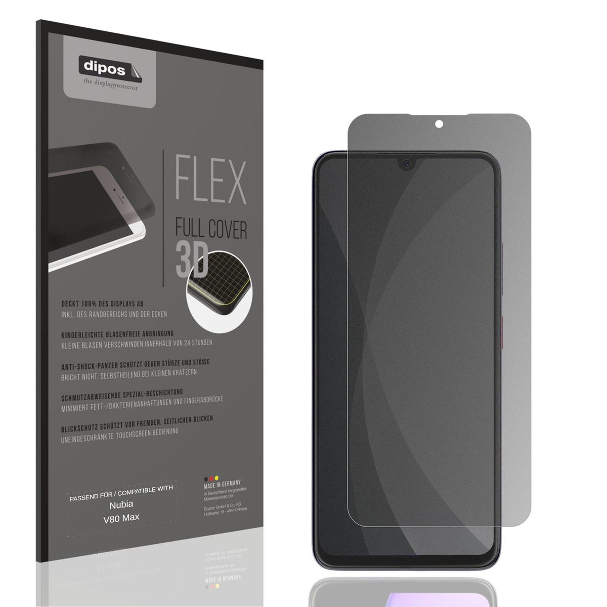 Blickschutzfolie von dipos passend für Nubia V80 Max, 100% Displayabdeckung und blasenfreie Montage