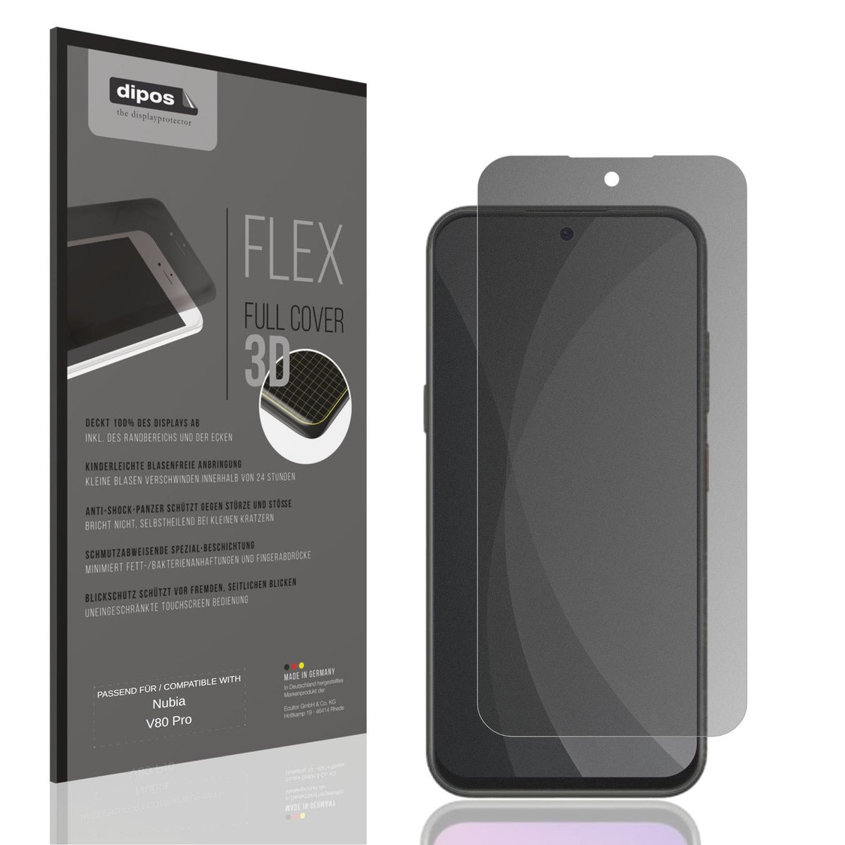 Blickschutzfolie von dipos passend für Nubia V80 Pro, 100% Displayabdeckung und blasenfreie Montage