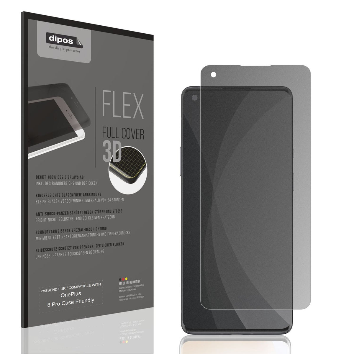 Blickschutzfolie von dipos passend für OnePlus 8 Pro Case Friendly, 100% Displayabdeckung und blasenfreie Montage