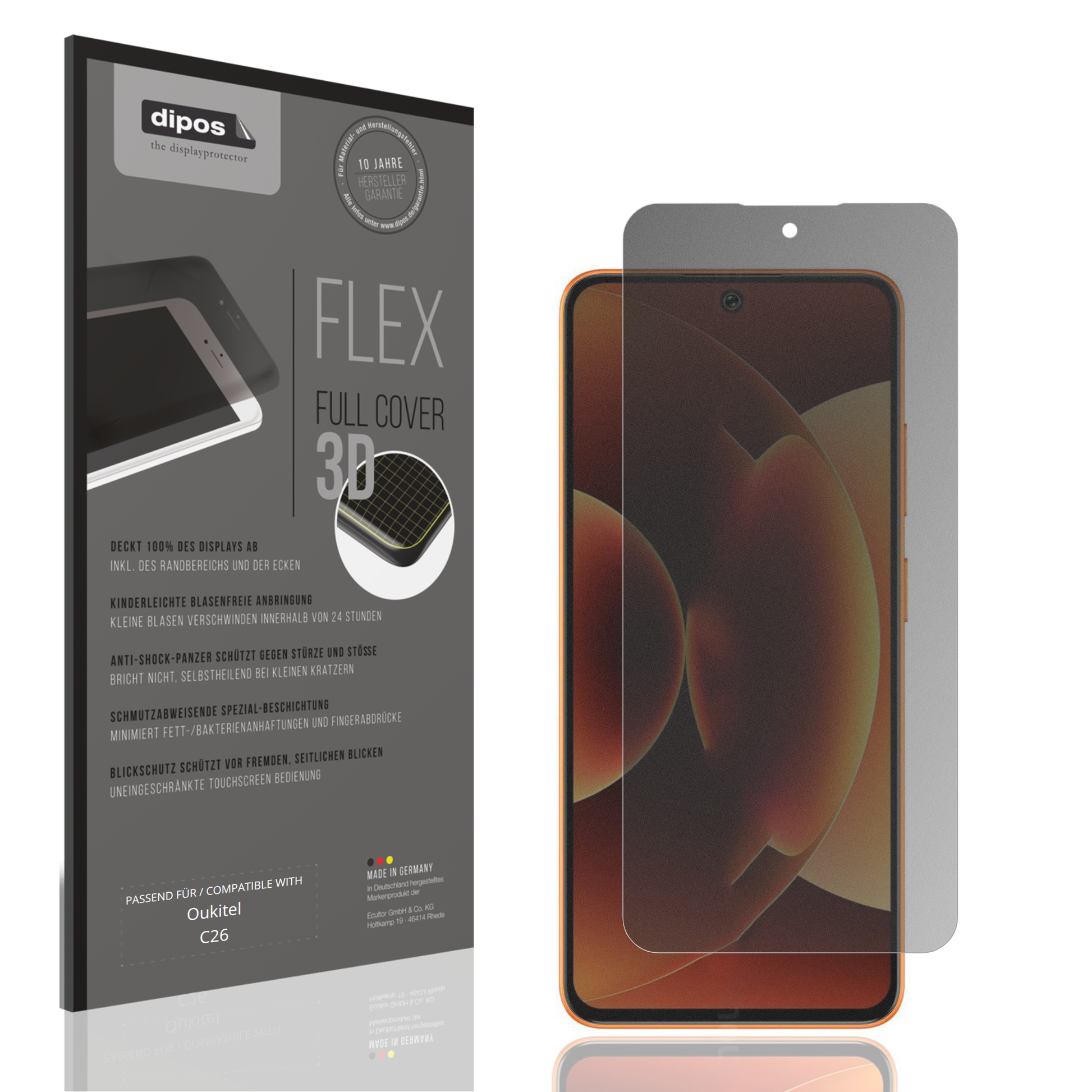Blickschutzfolie von dipos passend für Oukitel C26, 100% Displayabdeckung und blasenfreie Montage
