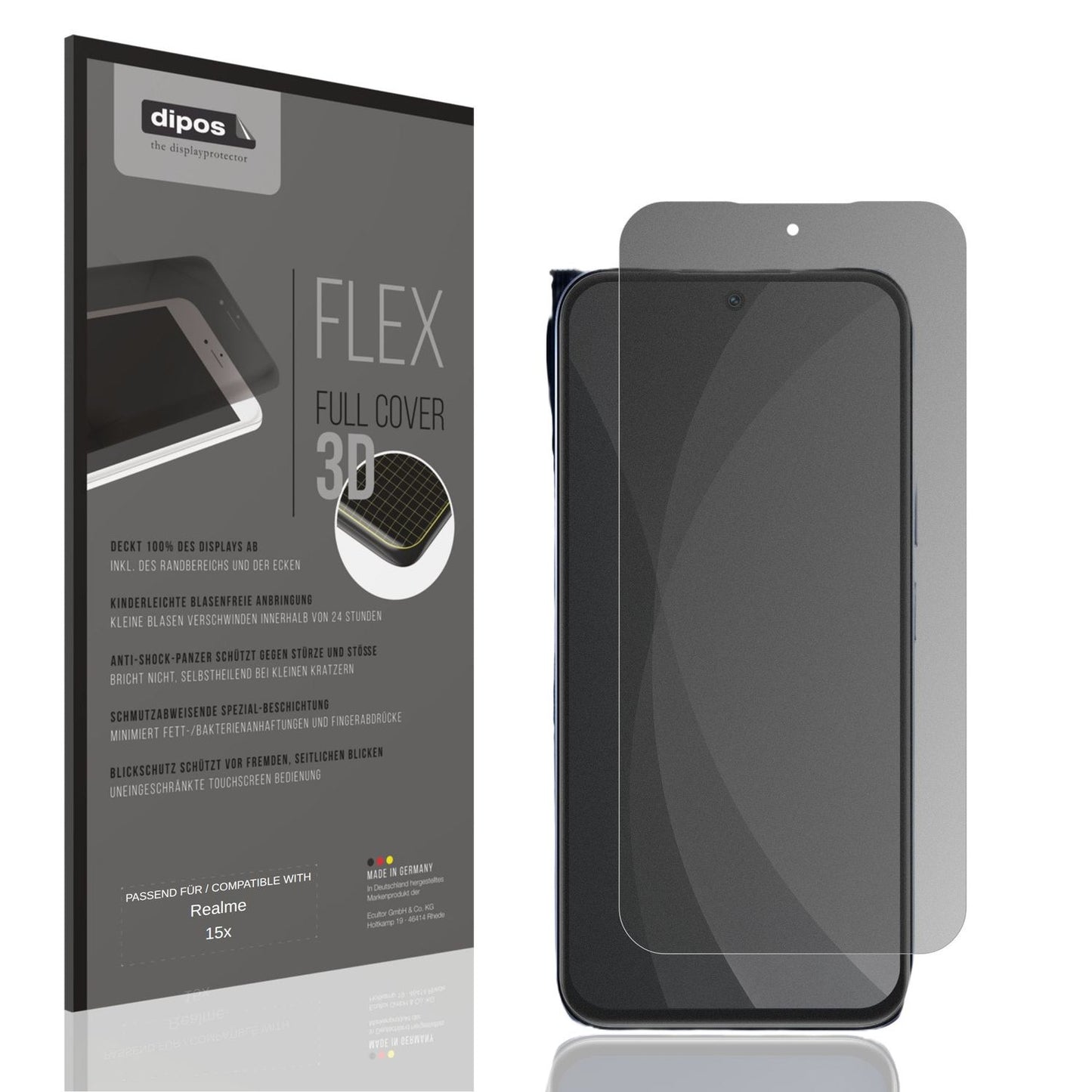 Blickschutzfolie von dipos passend für Realme 15x, 100% Displayabdeckung und blasenfreie Montage