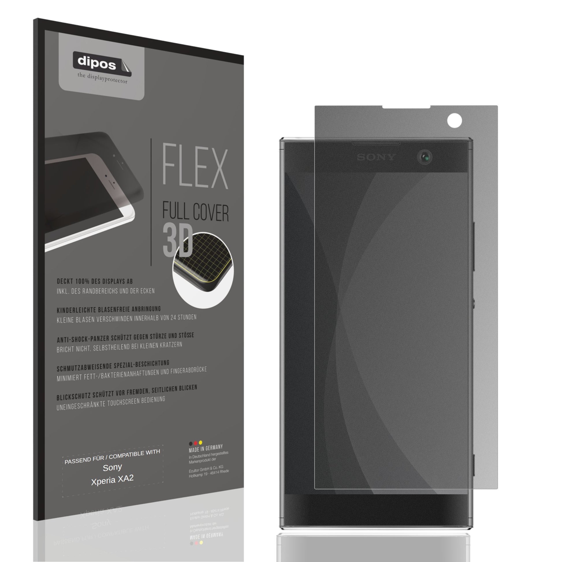 Blickschutzfolie von dipos passend für Sony Xperia XA2, 100% Displayabdeckung und blasenfreie Montage
