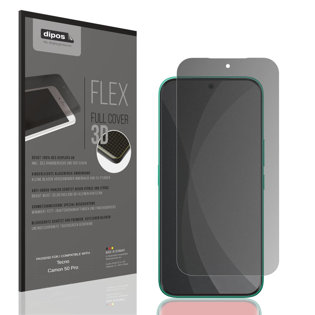 Blickschutzfolie von dipos passend für Tecno Camon 50 Pro, 100% Displayabdeckung und blasenfreie Montage