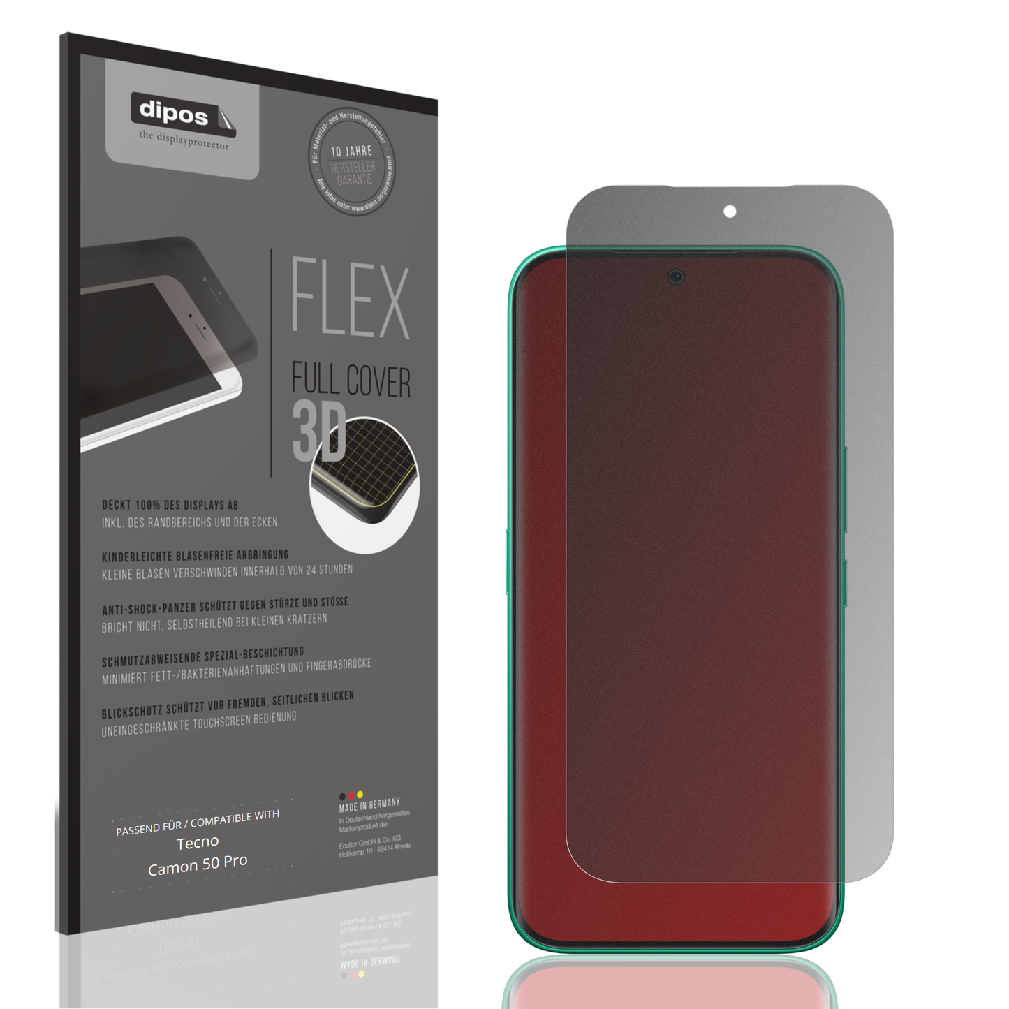 Blickschutzfolie von dipos passend für Tecno Camon 50 Pro, 100% Displayabdeckung und blasenfreie Montage