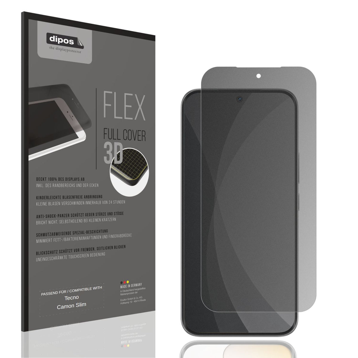 Blickschutzfolie von dipos passend für Tecno Camon Slim, 100% Displayabdeckung und blasenfreie Montage
