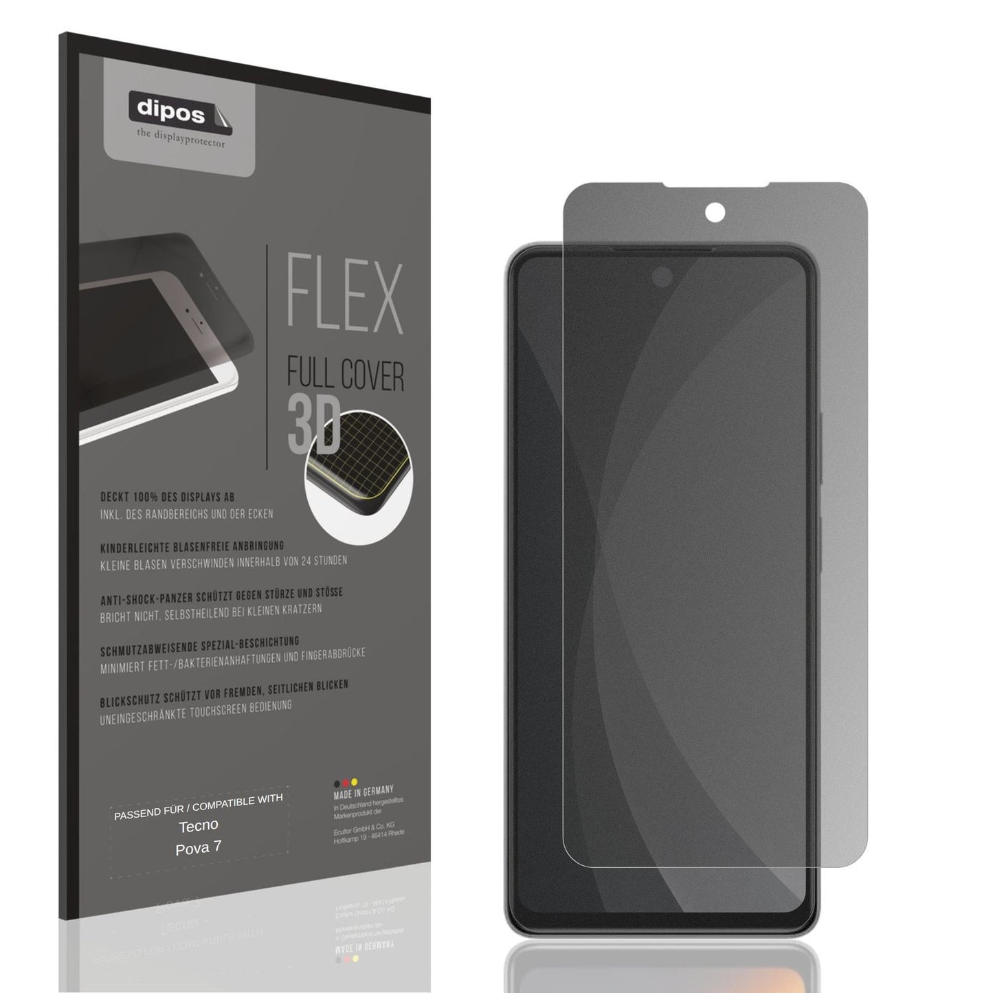 Blickschutzfolie von dipos passend für Tecno Pova 7, 100% Displayabdeckung und blasenfreie Montage