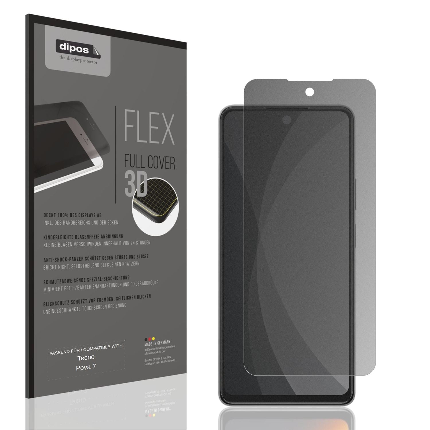 Blickschutzfolie von dipos passend für Tecno Pova 7, 100% Displayabdeckung und blasenfreie Montage
