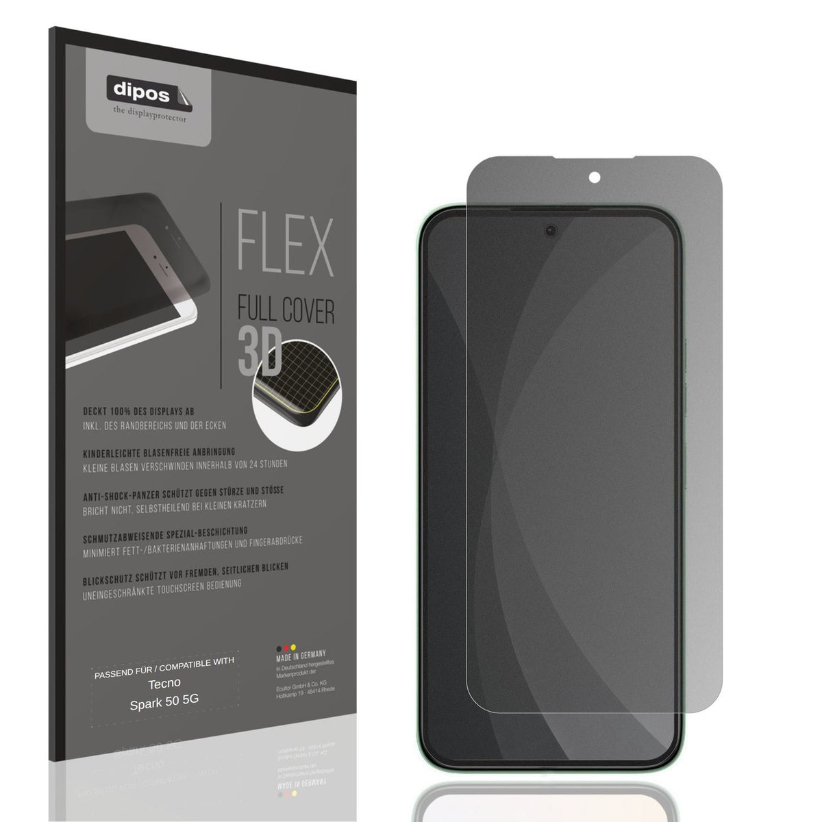 Blickschutzfolie von dipos passend für Tecno Spark 50 5G, 100% Displayabdeckung und blasenfreie Montage