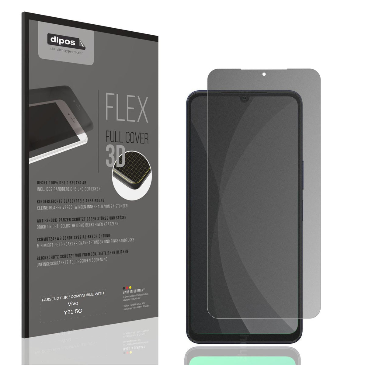 Blickschutzfolie von dipos passend für Vivo Y21 5G, 100% Displayabdeckung und blasenfreie Montage