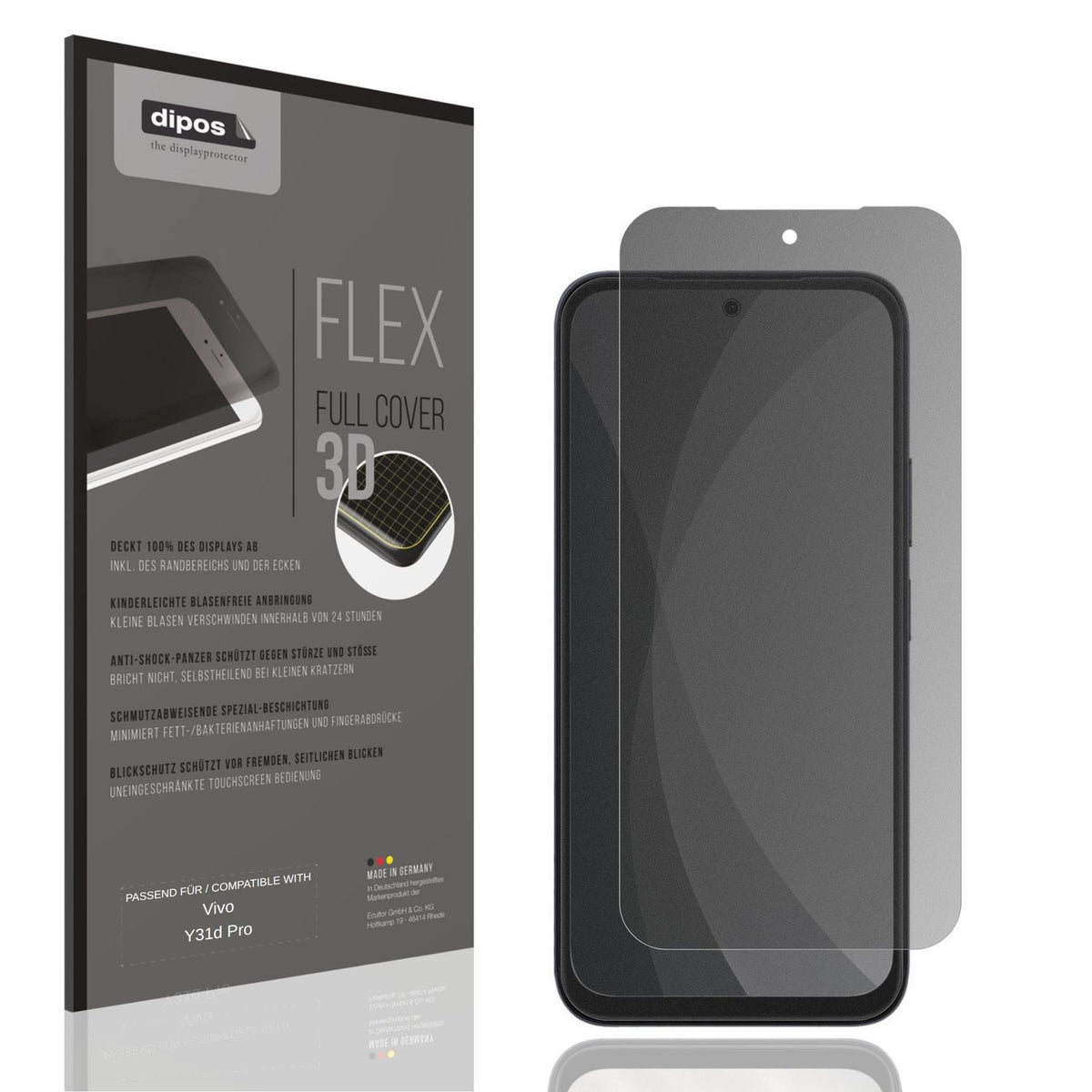 Blickschutzfolie von dipos passend für Vivo Y31d Pro, 100% Displayabdeckung und blasenfreie Montage