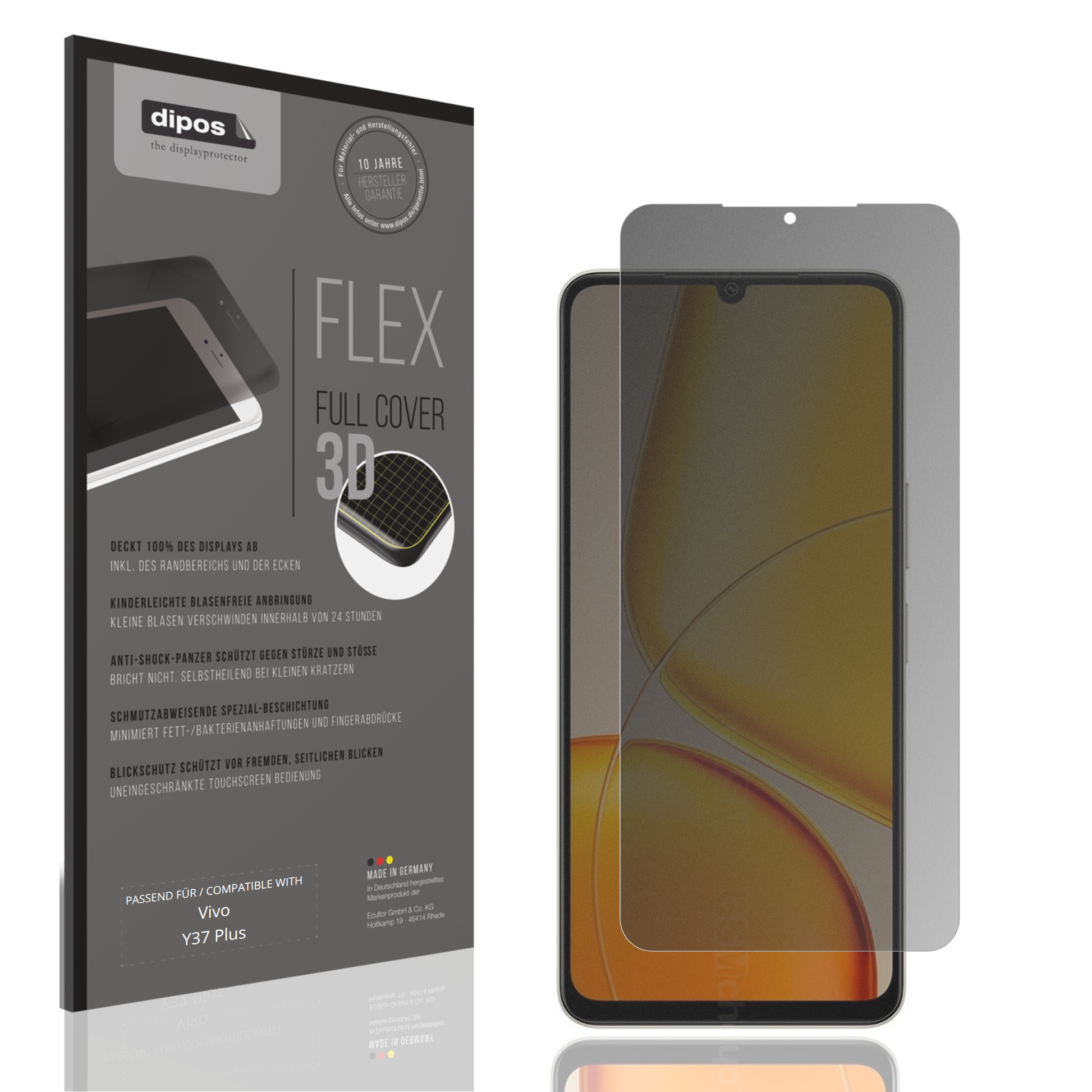 Blickschutzfolie von dipos passend für Vivo Y37 Plus, 100% Displayabdeckung und blasenfreie Montage