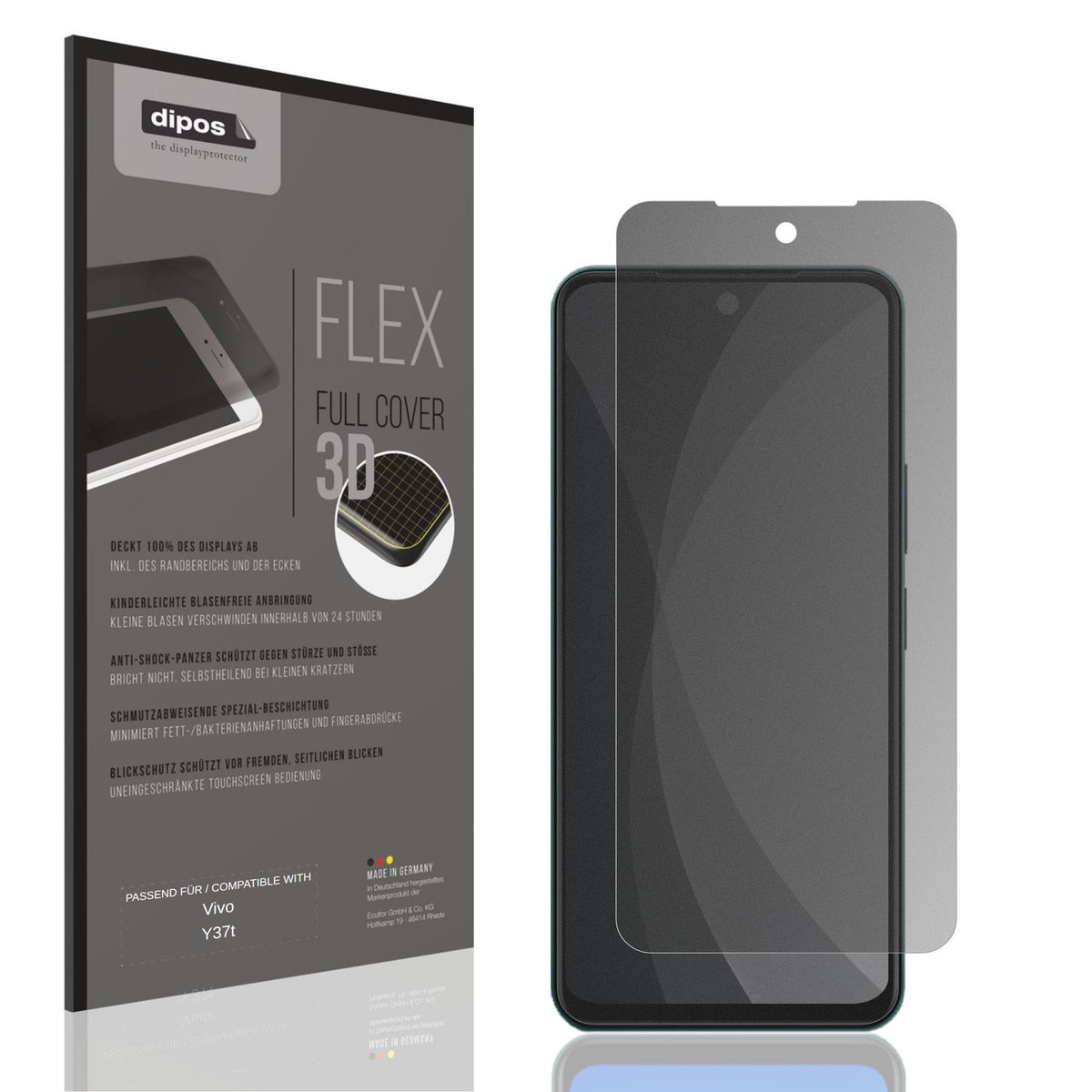 Blickschutzfolie von dipos passend für Vivo Y37t, 100% Displayabdeckung und blasenfreie Montage