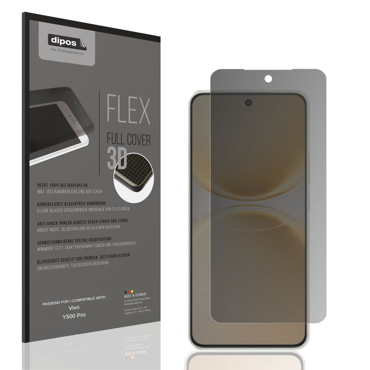 Blickschutzfolie von dipos passend für Vivo Y500 Pro, 100% Displayabdeckung und blasenfreie Montage
