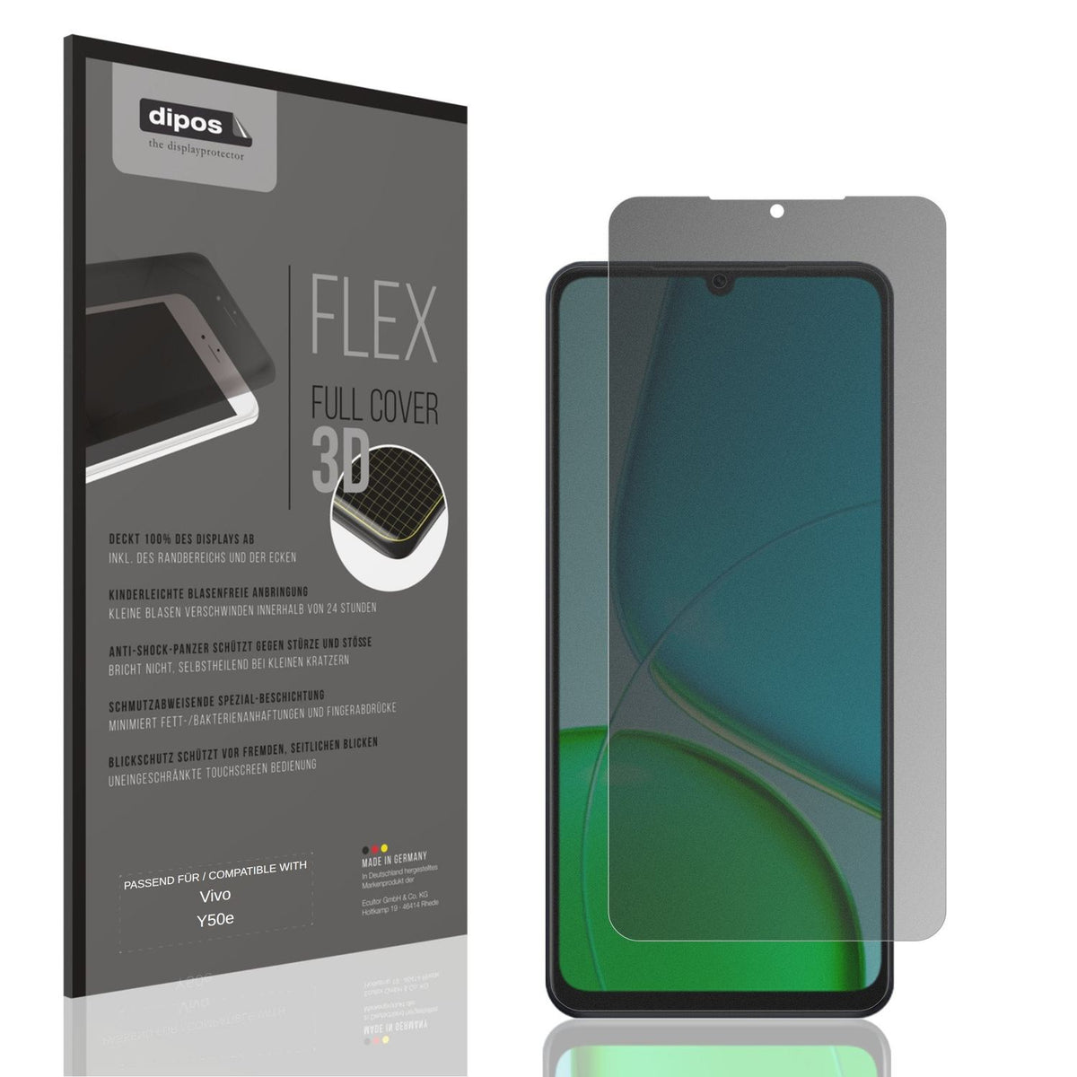 Blickschutzfolie von dipos passend für Vivo Y50e, 100% Displayabdeckung und blasenfreie Montage