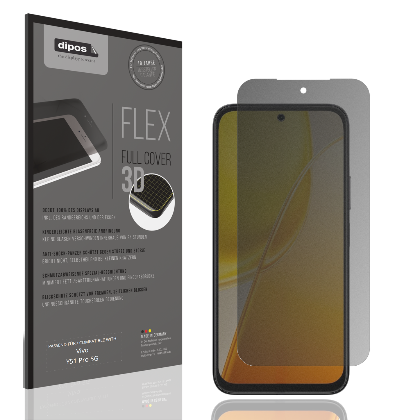 Blickschutzfolie von dipos passend für Vivo Y51 Pro 5G, 100% Displayabdeckung und blasenfreie Montage