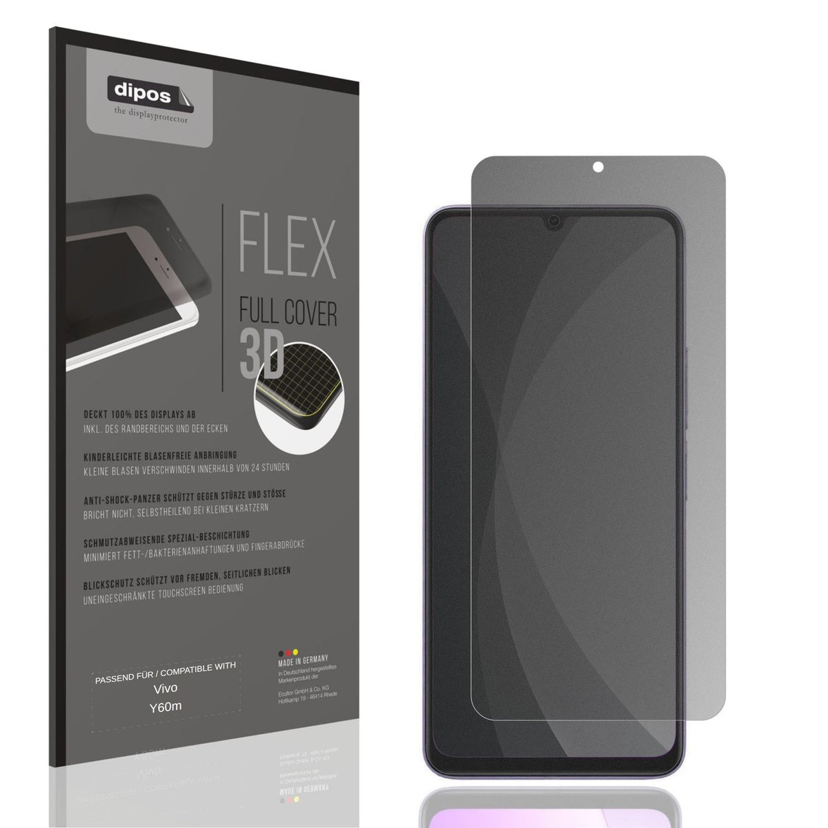Blickschutzfolie von dipos passend für Vivo Y60m, 100% Displayabdeckung und blasenfreie Montage