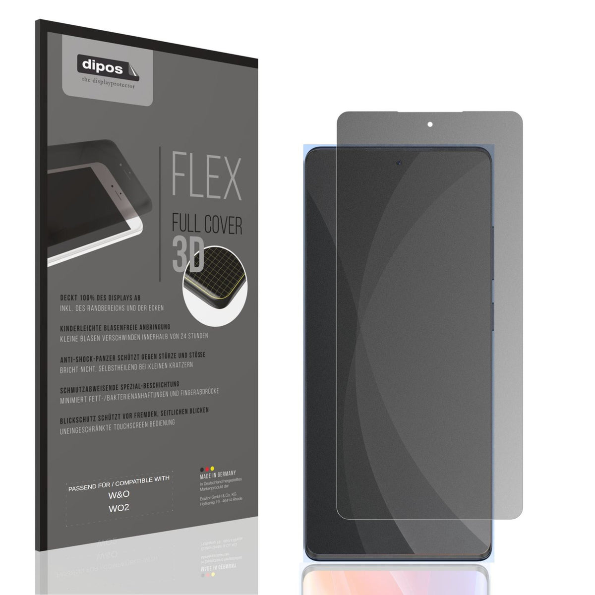 Blickschutzfolie von dipos passend für W&amp;O WO2, 100% Displayabdeckung und blasenfreie Montage
