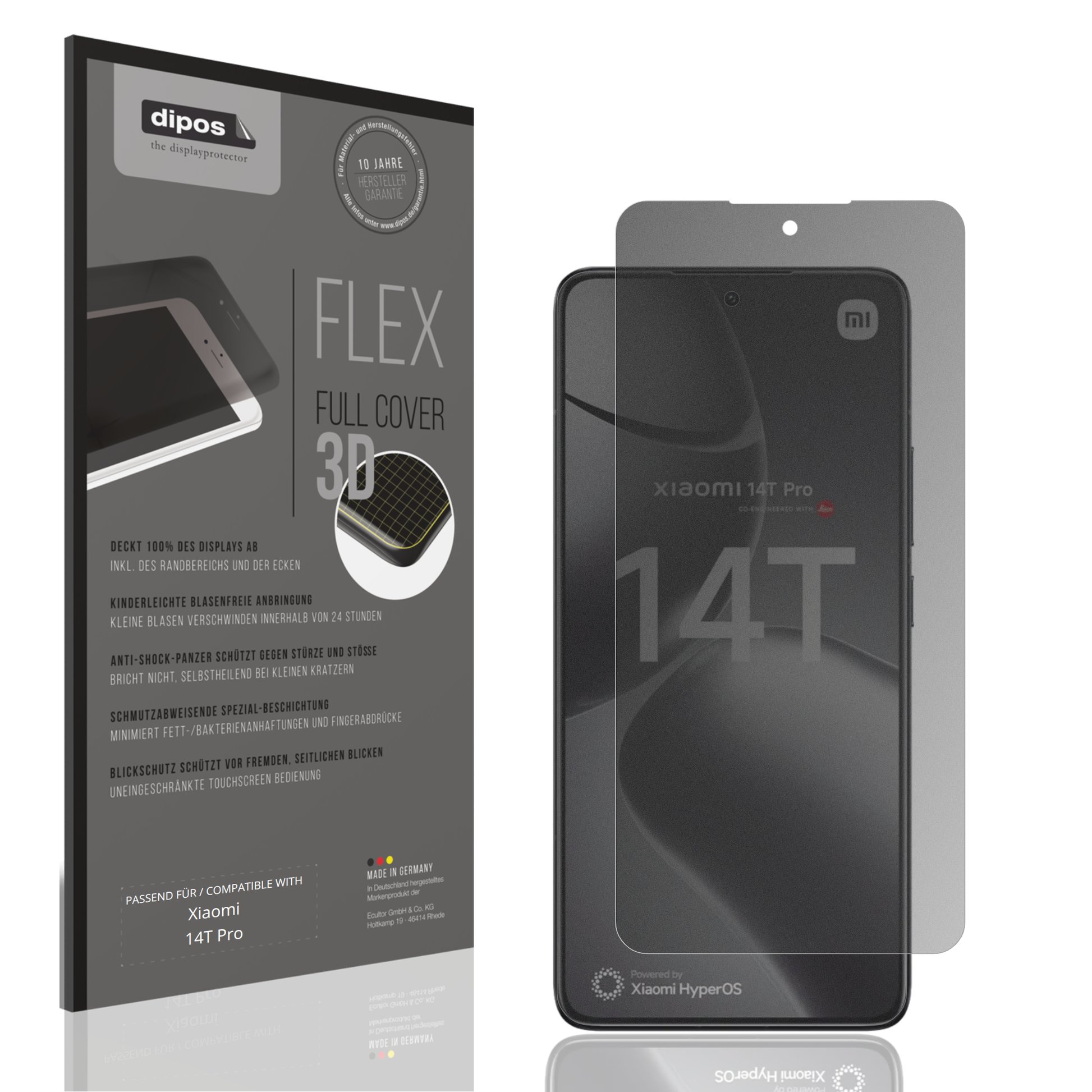 Blickschutzfolie von dipos passend für Xiaomi 14T Pro, 100% Displayabdeckung und blasenfreie Montage