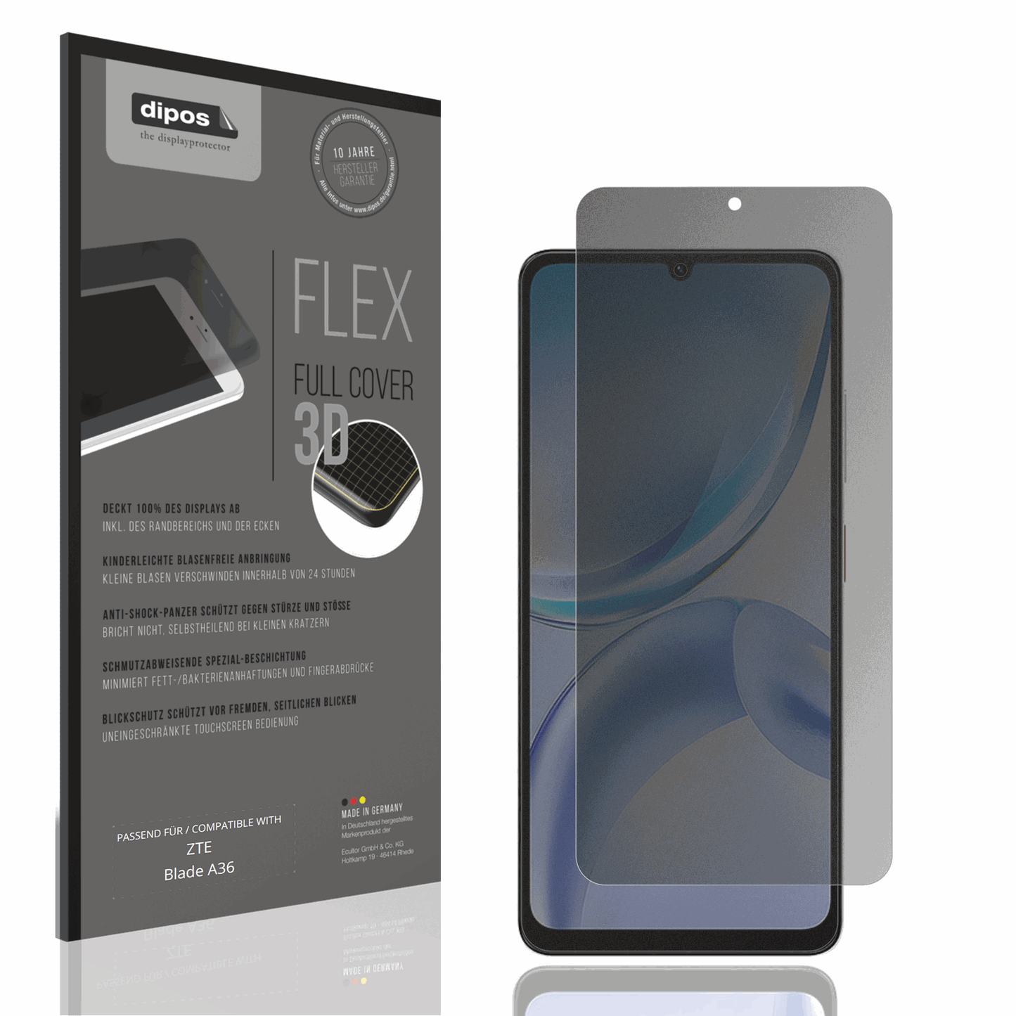 Blickschutzfolie von dipos passend für ZTE Blade A36, 100% Displayabdeckung und blasenfreie Montage