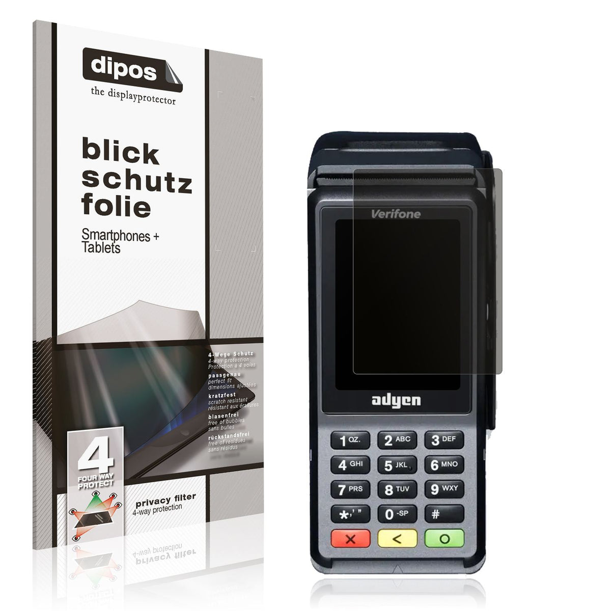 Blickschutzfolie von dipos passend für Adyen V400c Plus, präziser Zuschnitt und blasenfrei montiert