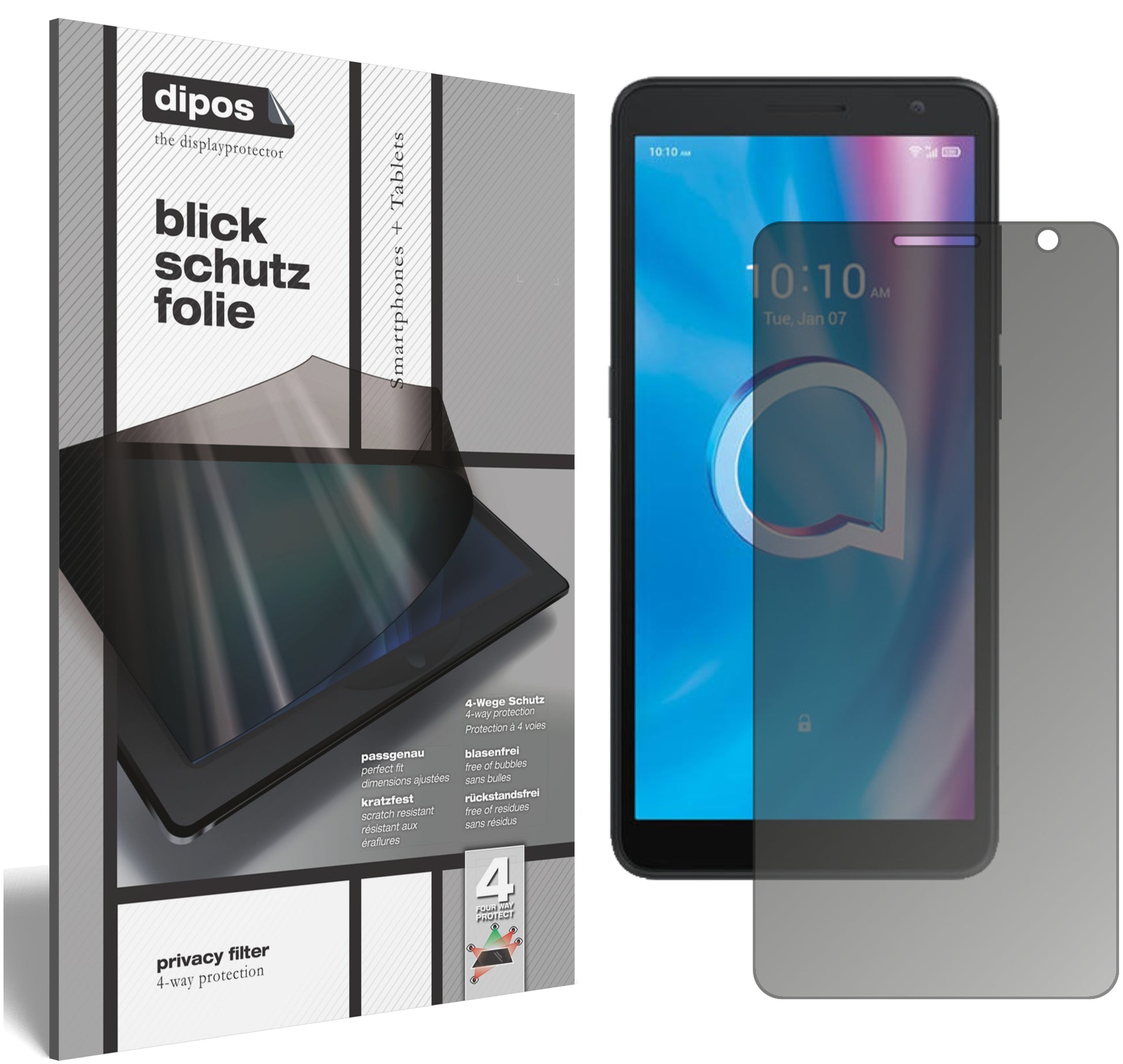 Blickschutzfolie von dipos passend für Alcatel 1B (2020), präziser Zuschnitt und blasenfrei montiert