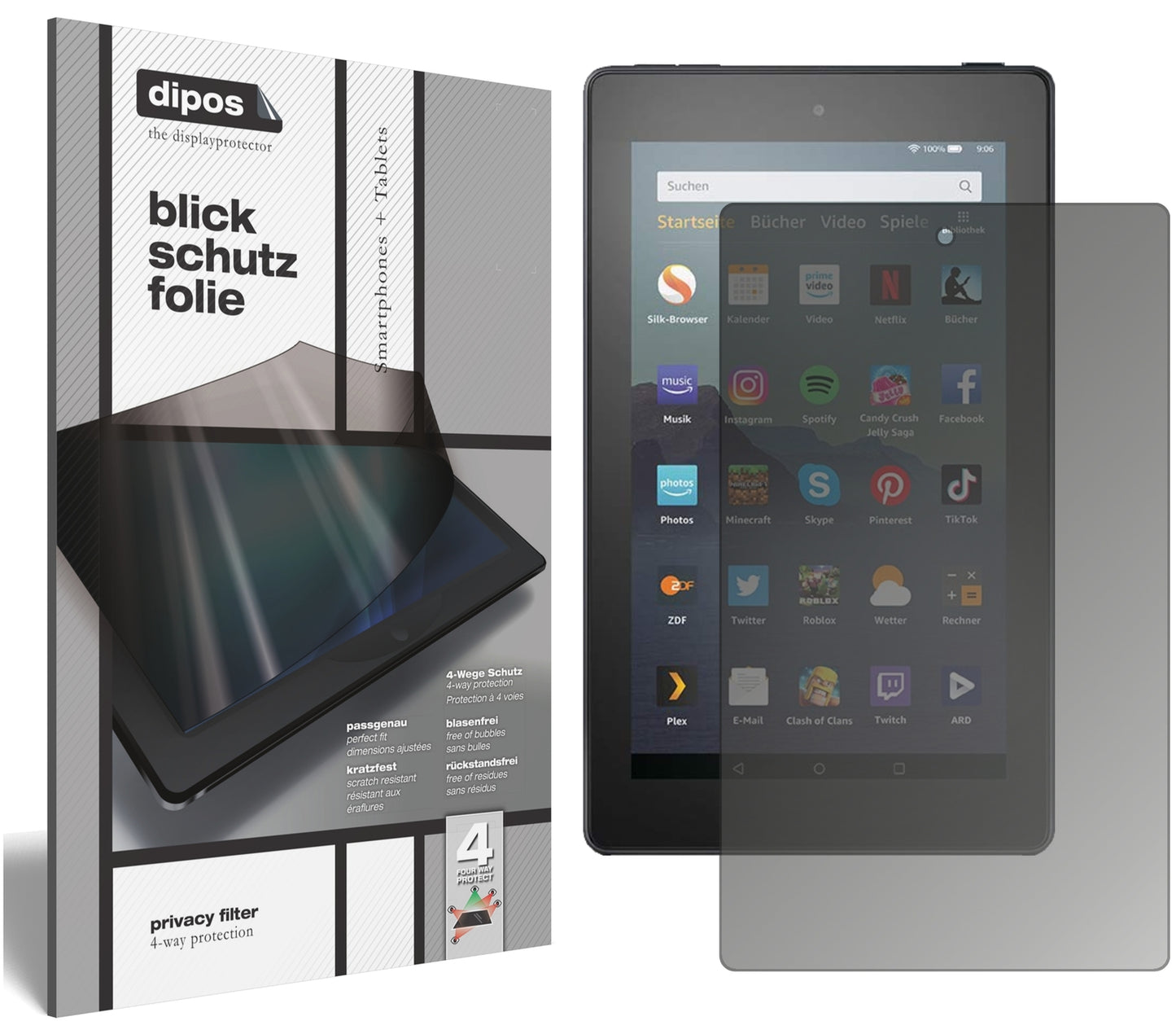 Blickschutzfolie von dipos passend für Amazon Fire 7 Tablet (2019), präziser Zuschnitt und blasenfrei montiert