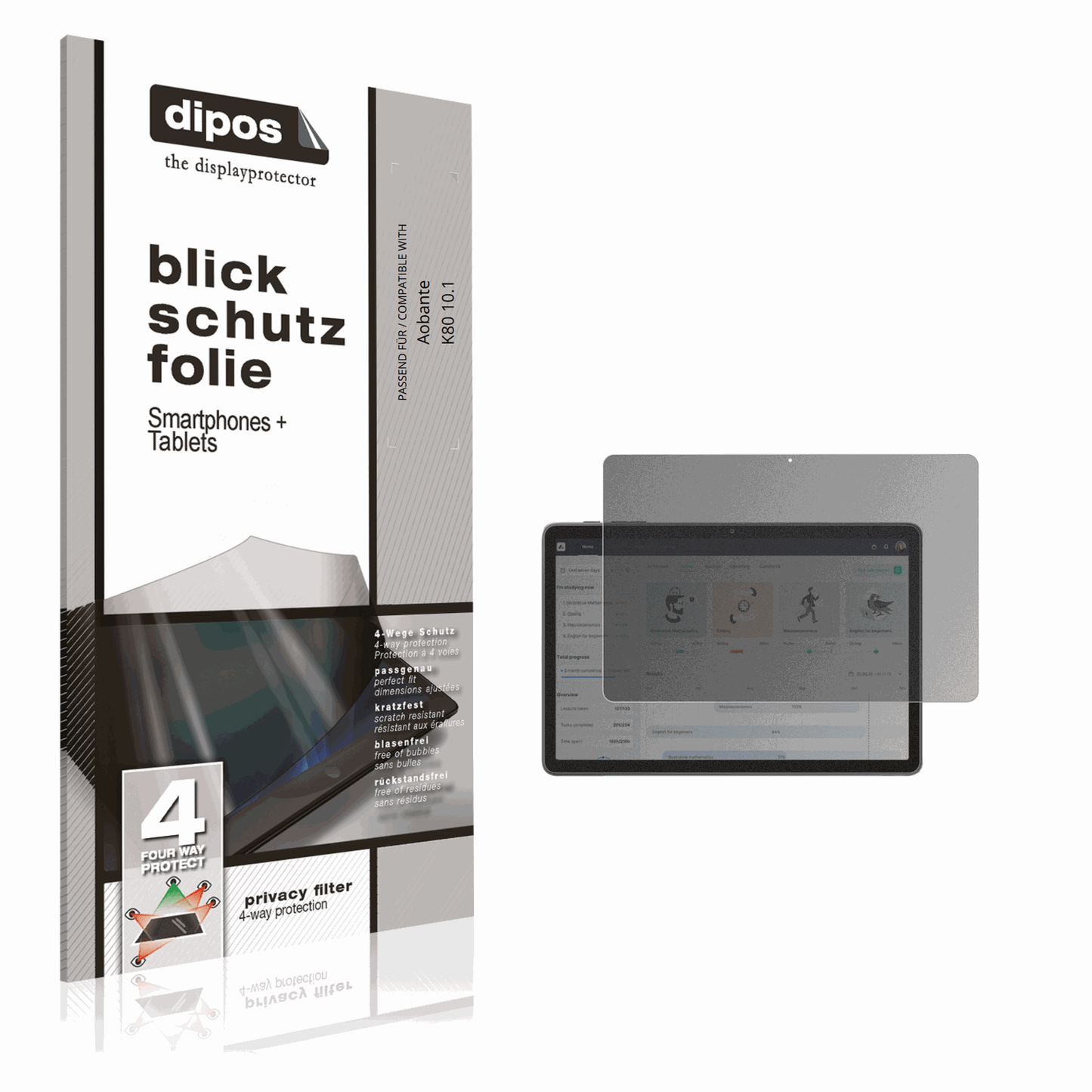 Blickschutzfolie von dipos passend für Aobante K80 10.1, präziser Zuschnitt und blasenfrei montiert