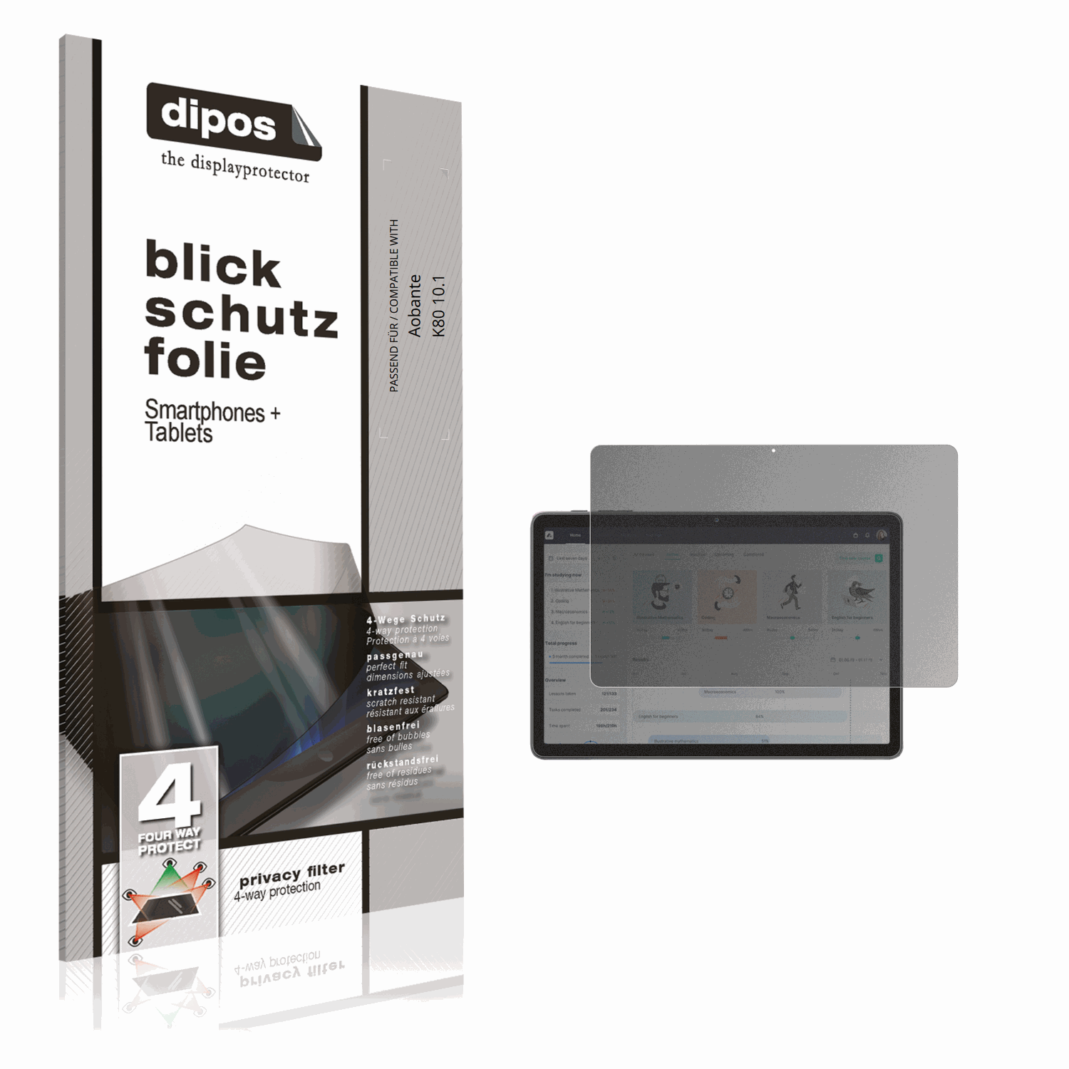 Blickschutzfolie von dipos passend für Aobante K80 10.1, präziser Zuschnitt und blasenfrei montiert