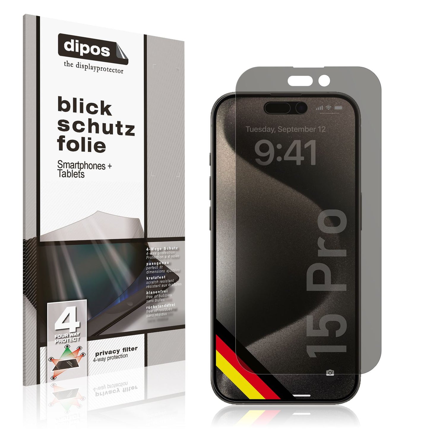 Blickschutzfolie von dipos passend für Apple iPhone 15 Pro, präziser Zuschnitt und blasenfrei montiert