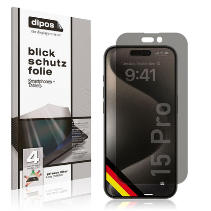 Blickschutzfolie von dipos passend für Apple iPhone 15 Pro, präziser Zuschnitt und blasenfrei montiert