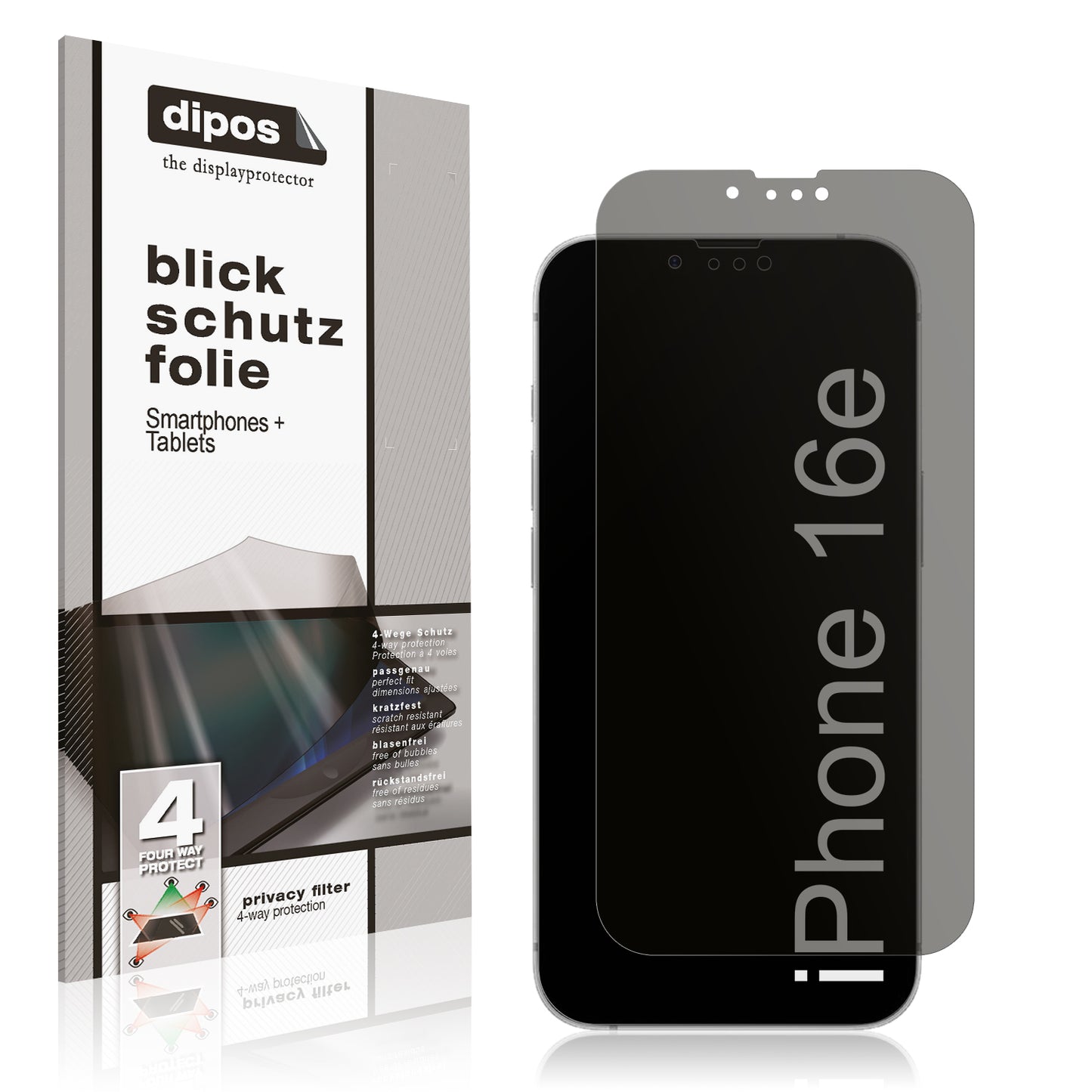 Blickschutzfolie von dipos passend für Apple iPhone 16e, präziser Zuschnitt und blasenfrei montiert