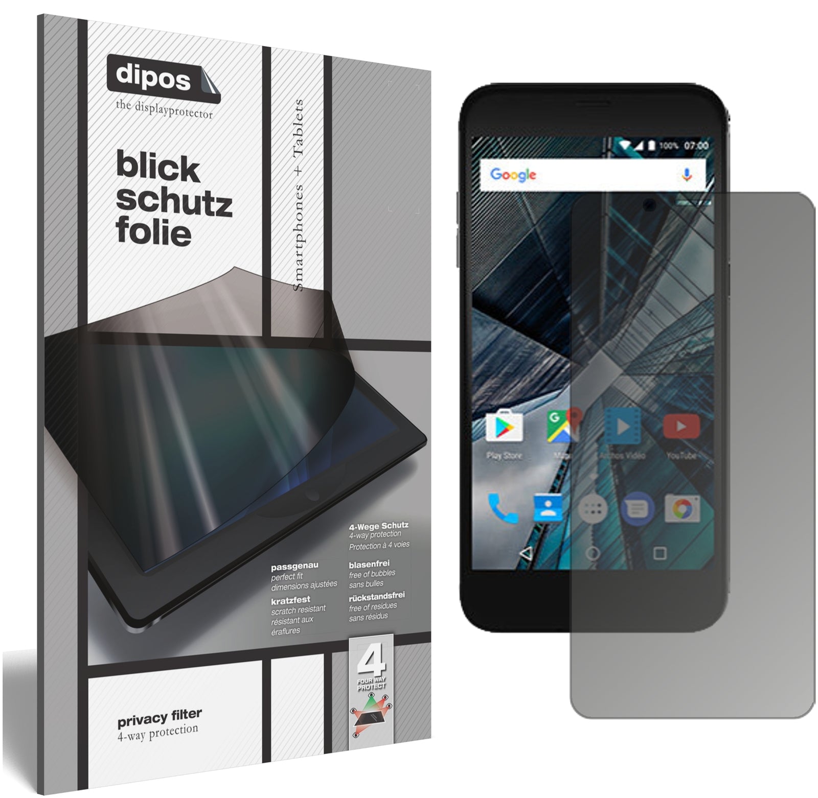 Blickschutzfolie von dipos passend für Archos Sense 50 DC, präziser Zuschnitt und blasenfrei montiert