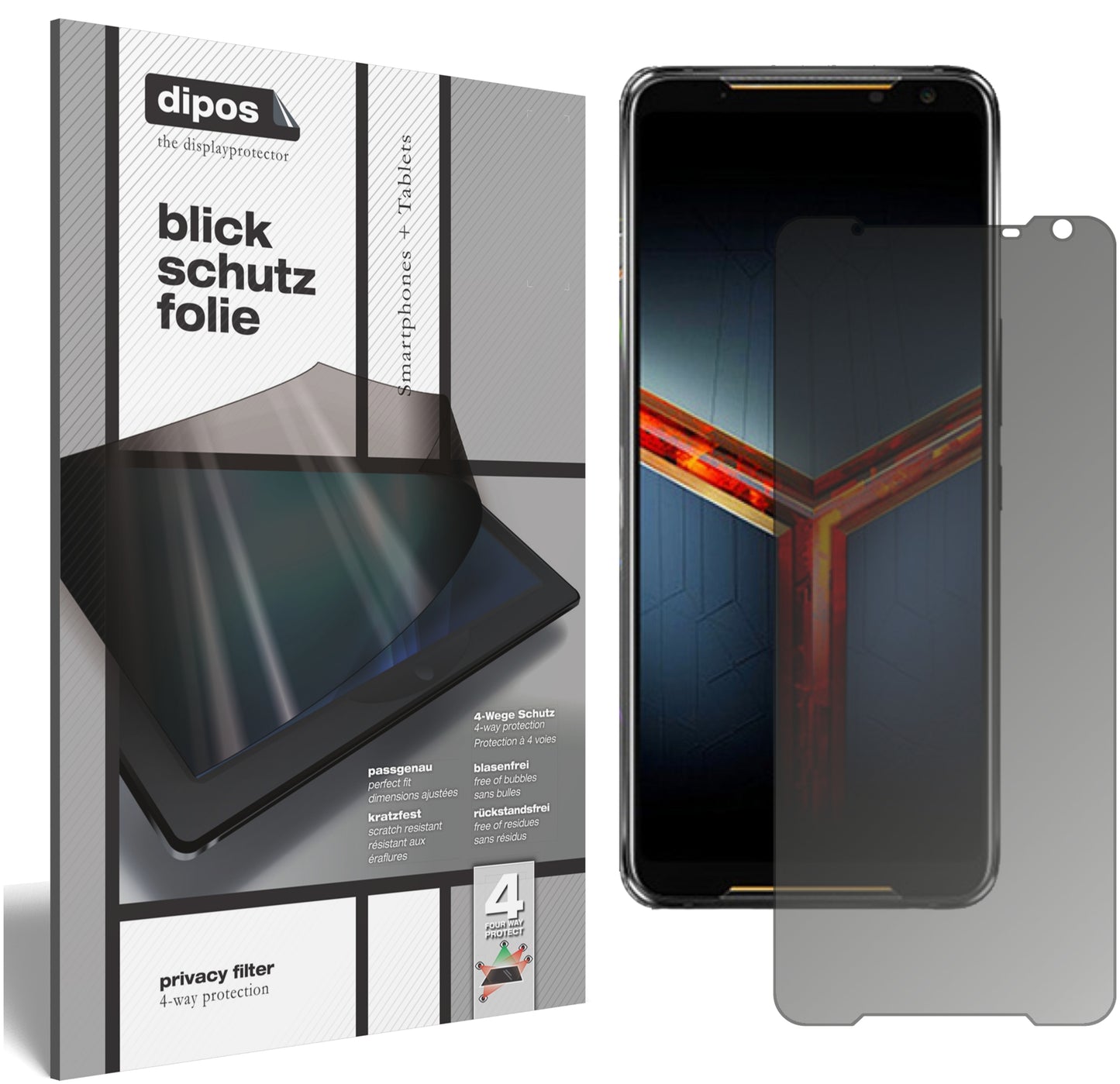 Blickschutzfolie von dipos passend für Asus ROG Phone 2, präziser Zuschnitt und blasenfrei montiert