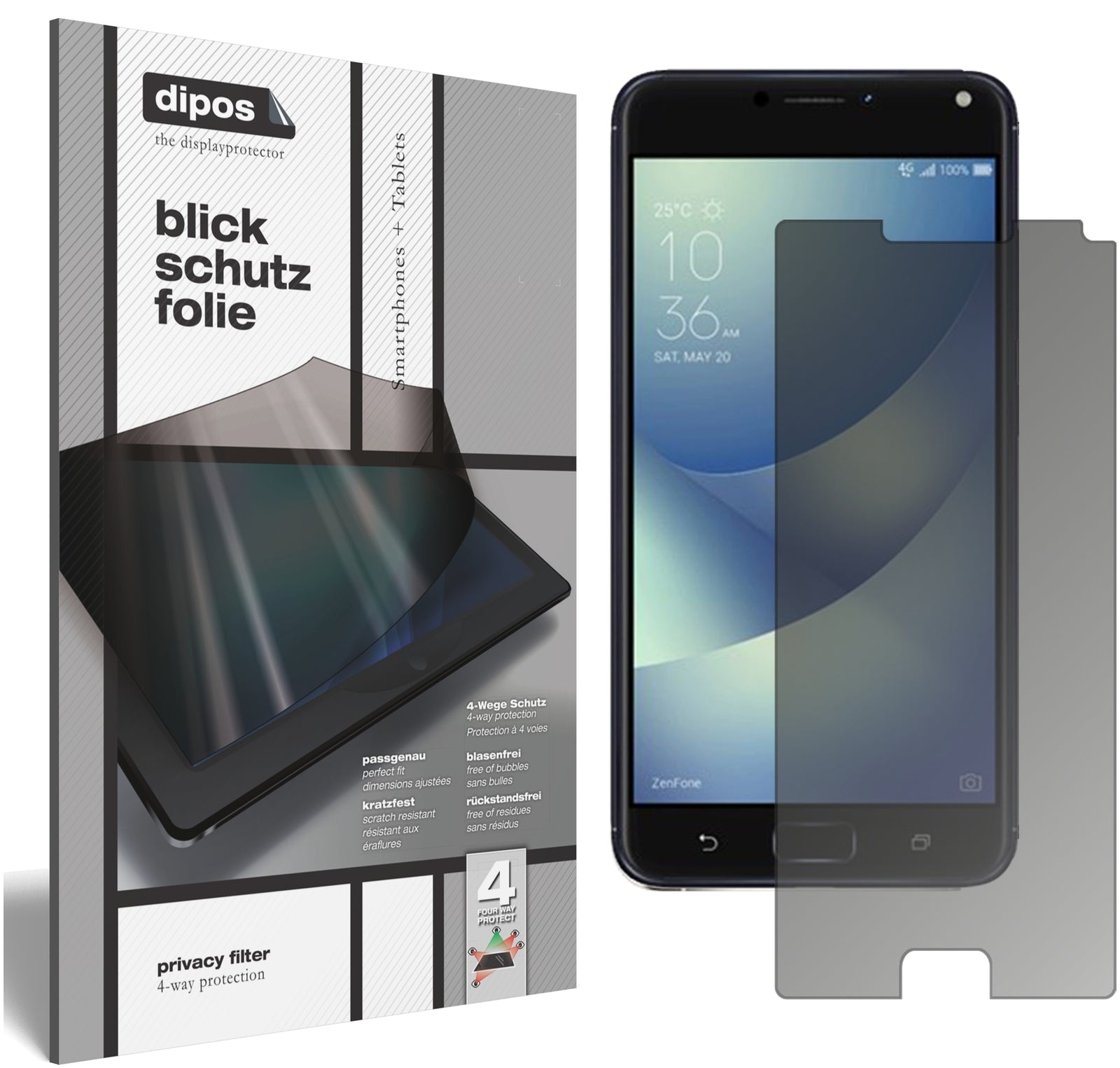 Blickschutzfolie von dipos passend für Asus Zenfone 4 Max 5,5 Zoll ZC520KL, präziser Zuschnitt und blasenfrei montiert