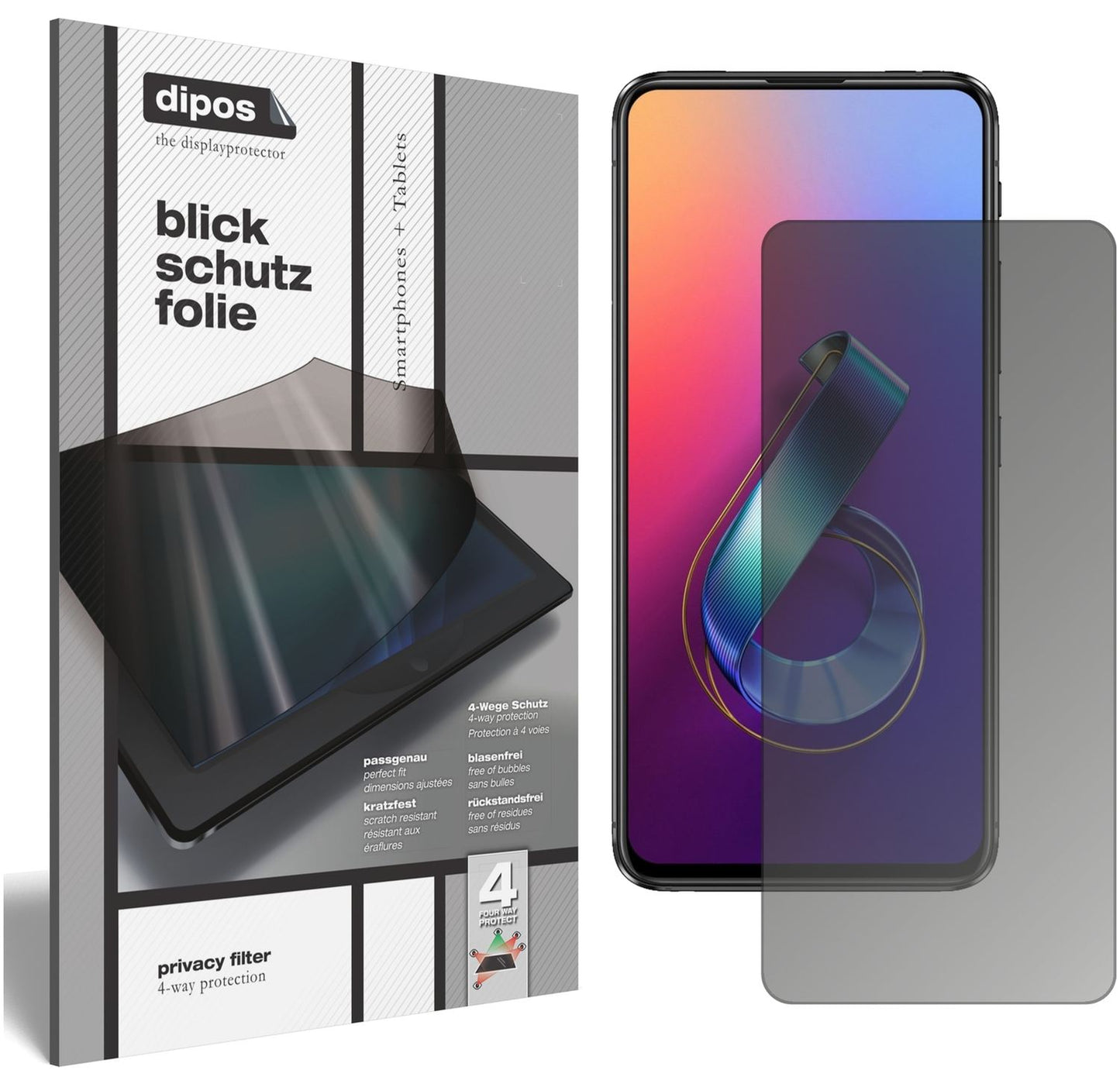 Blickschutzfolie von dipos passend für Asus Zenfone 6 (ZS630KL), präziser Zuschnitt und blasenfrei montiert