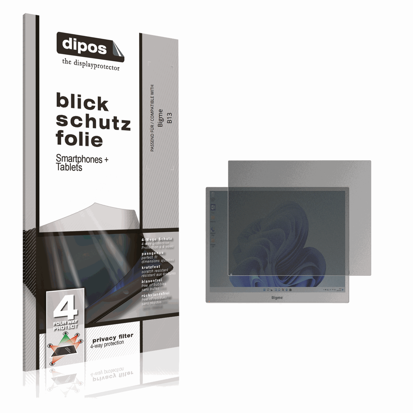 Blickschutzfolie von dipos passend für Bigme B13, präziser Zuschnitt und blasenfrei montiert