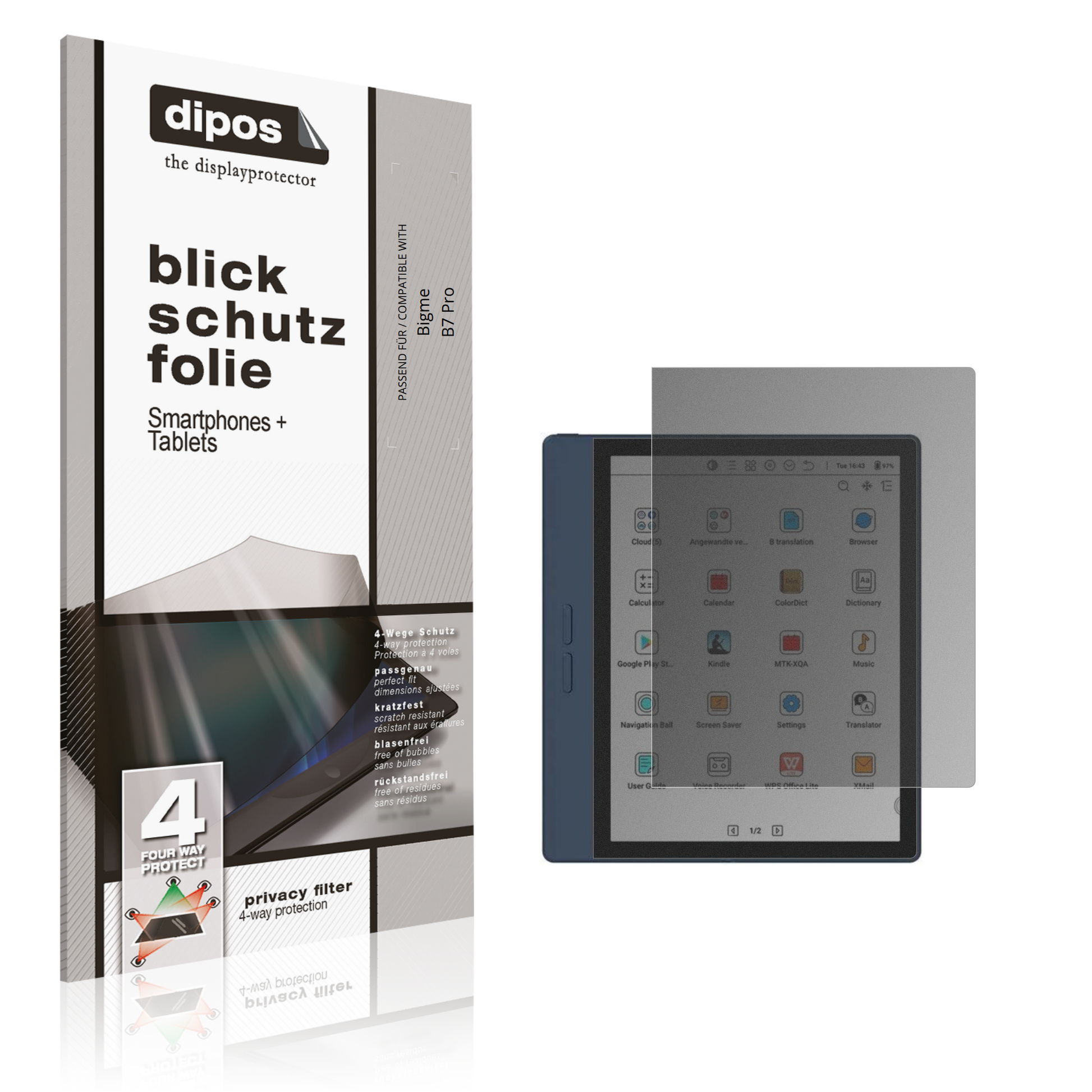 Blickschutzfolie von dipos passend für Bigme B7 Pro, präziser Zuschnitt und blasenfrei montiert