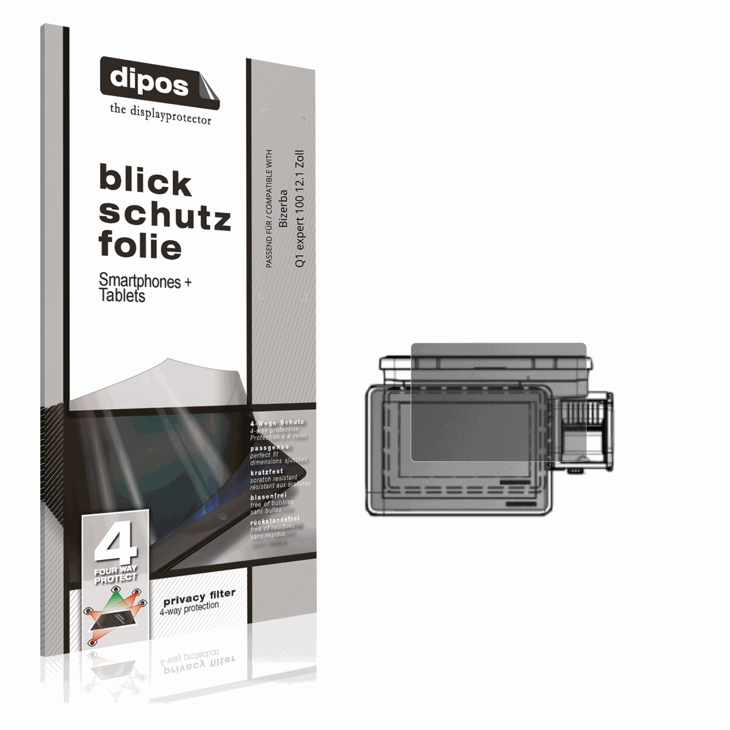 Blickschutzfolie von dipos passend für Bizerba Q1 expert 100 12.1 Zoll, präziser Zuschnitt und blasenfrei montiert