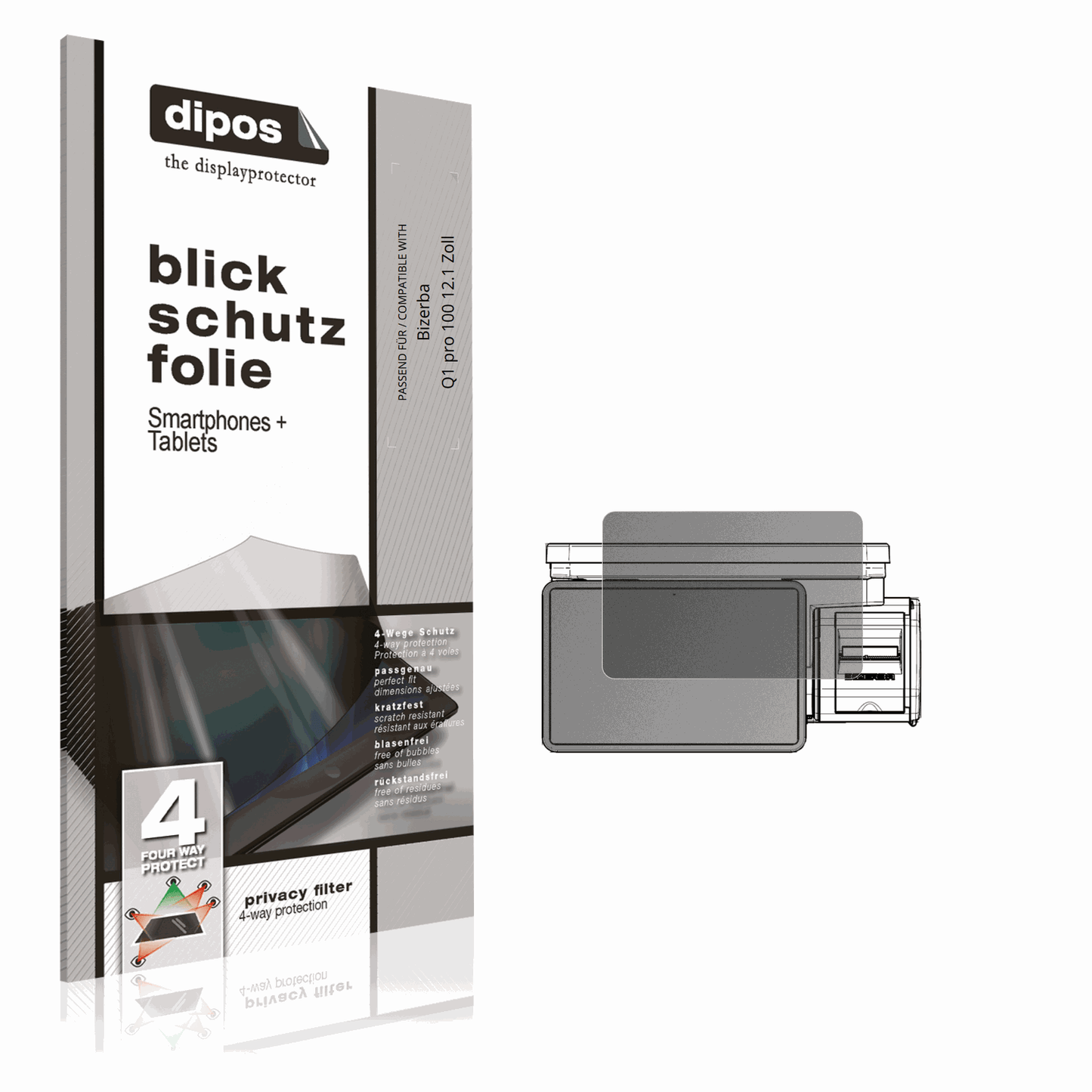 Blickschutzfolie von dipos passend für Bizerba Q1 pro 100 12.1 Zoll, präziser Zuschnitt und blasenfrei montiert